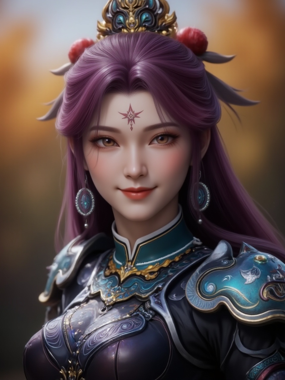 siyouyou,siyouyou,3D style,outdoors,smile,traditional armor,purple hair,a striking tattoo on her forehead