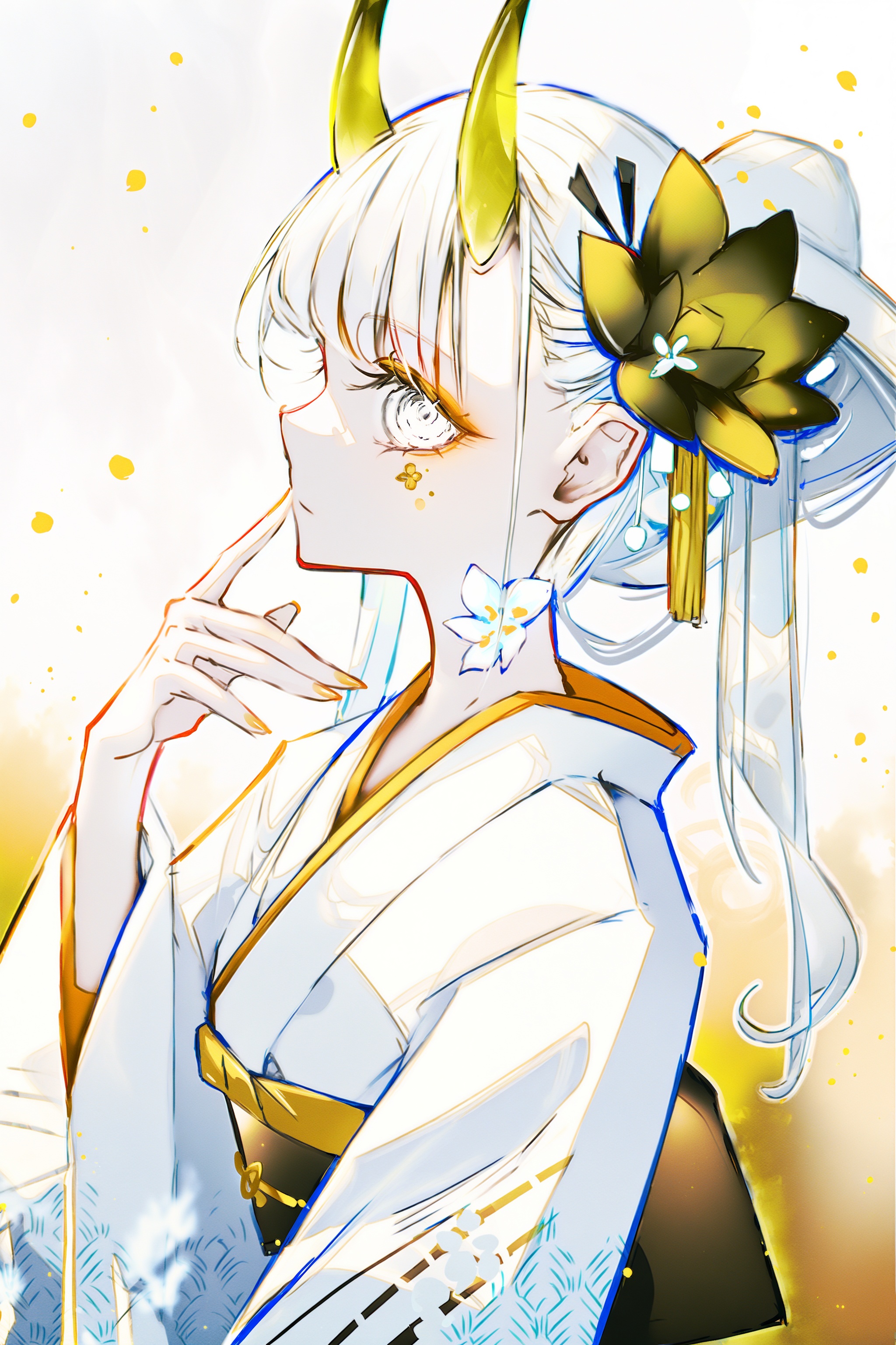 1girl,solo,white hair,long hair,hair ornament,flower,horns,hair flower,kimono,grey eyes,yellow nails,upper body,japanese clothes,looking at viewer,white eyes,white kimono,