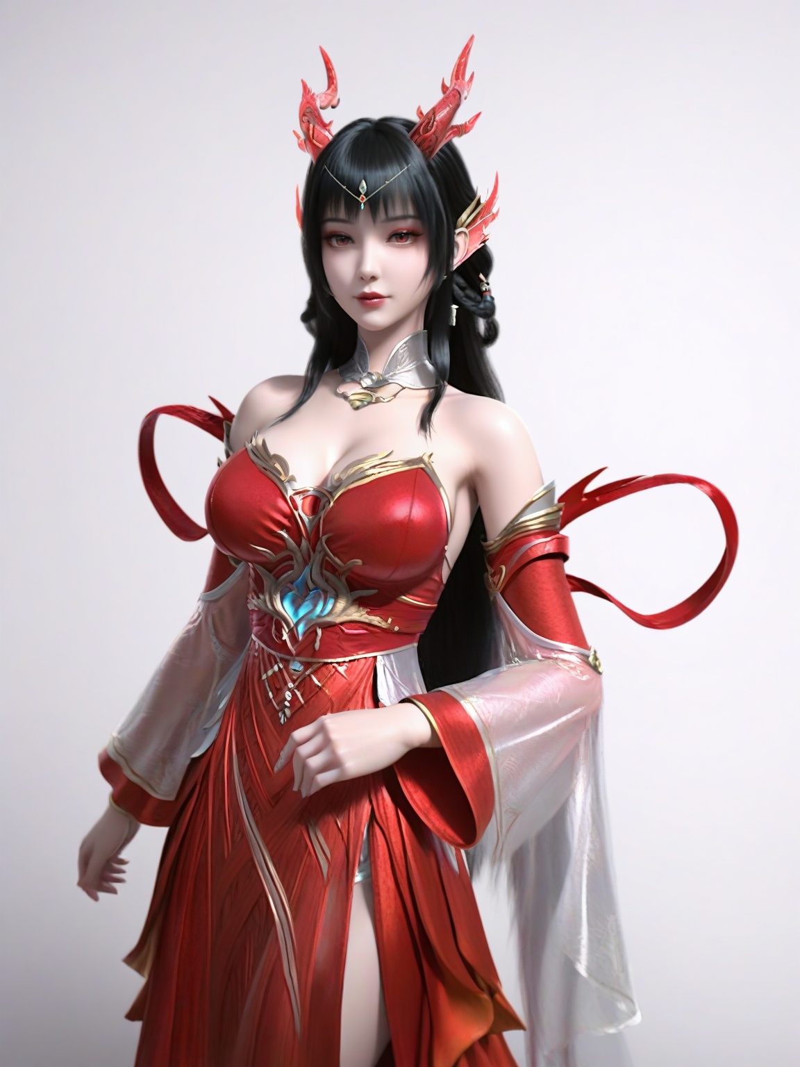 score_9,1girl,standing,solo,eyeshadow,dragon horns,bangs,bare shoulders,black hair,dress,hair ornament,red dress,earrings,detached sleeves,breasts,large breasts,lipstick,simple background,looking at viewer,cowboy shot, <lora:SF_YunLuo_Pony_Realism2.3-000004:0.7>,