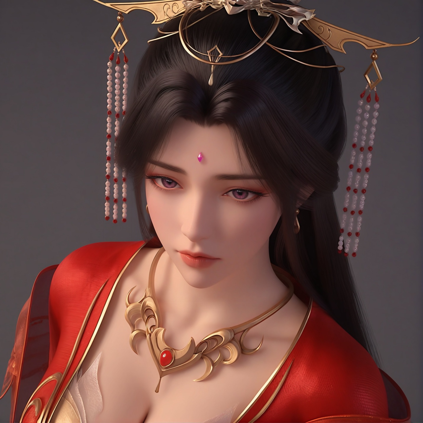 (score_9),portrait,(close-up),solo focus,(eye focus),<lora:红月婵-apony:0.8>,yuechanm,1girl,solo,hair ornament,jewelry,long hair,forehead jewel,earrings,tiara,necklace,hair bun,black hair,purple eyes,red dress,shoulder ribbon,cleavage,(glamor),curvy,mature_female,collarbone,BREAK<lora:Expressive_H-000001:0.8>,light blush,Expressiveh,looking at viewer,front view,<lora:e肤色滑块:0.35>,fair_skin,((pale skin)),(white_skin),ultra-detailed skin texture,detailed textures,<lora:皮肤凹痕:1.2>,BREAK<lora:e色温:-0.35>,simple background,grey background,Tyndall effect,available light,depth of field,lens_flare,4K ultra HD,sharp focus,high detail,high contrast,