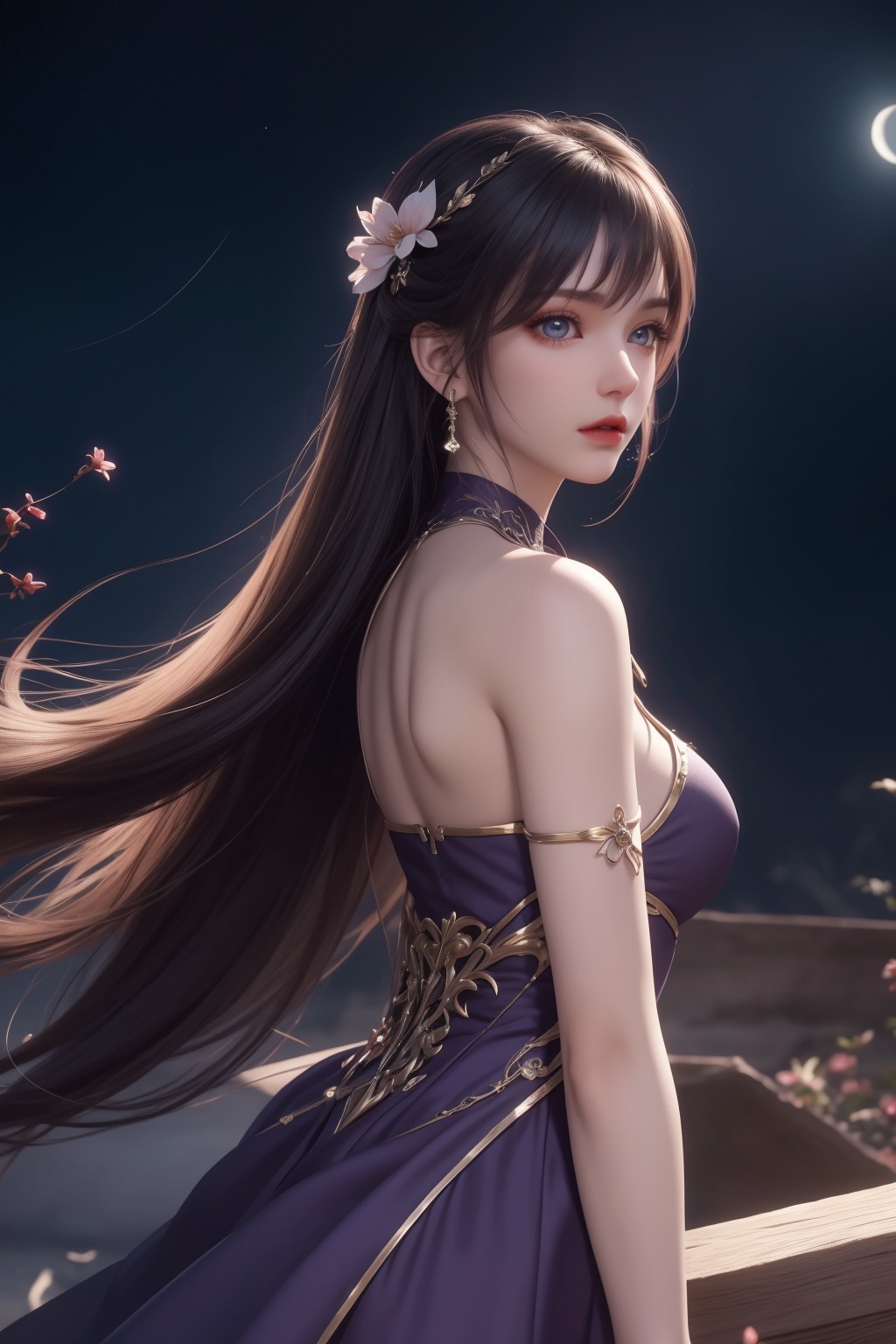 1girl, aurora, bamboo, bangs, bare shoulders, blue eyes, branch, breasts, city lights, cleavage, cloud, constellation, crescent moon, dress, fireflies, flower, full moon, gem, hair flower, hair ornament, jewelry, large breasts, leaf, light particles, lips, long hair, looking at viewer, milky way, moon, moonlight, night, night sky, outdoors, palm tree, pink lips, plant, shooting star, sky, solo, space, star \(sky\), starry sky, tanabata, tanzaku, tree, very long hair  <lora:彩儿:0.66>