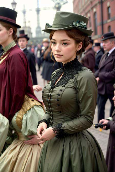 vintage color photograph of a beautiful woman wearing a dress and a hat at the Great Industrial Exposition of Berlin in 18...