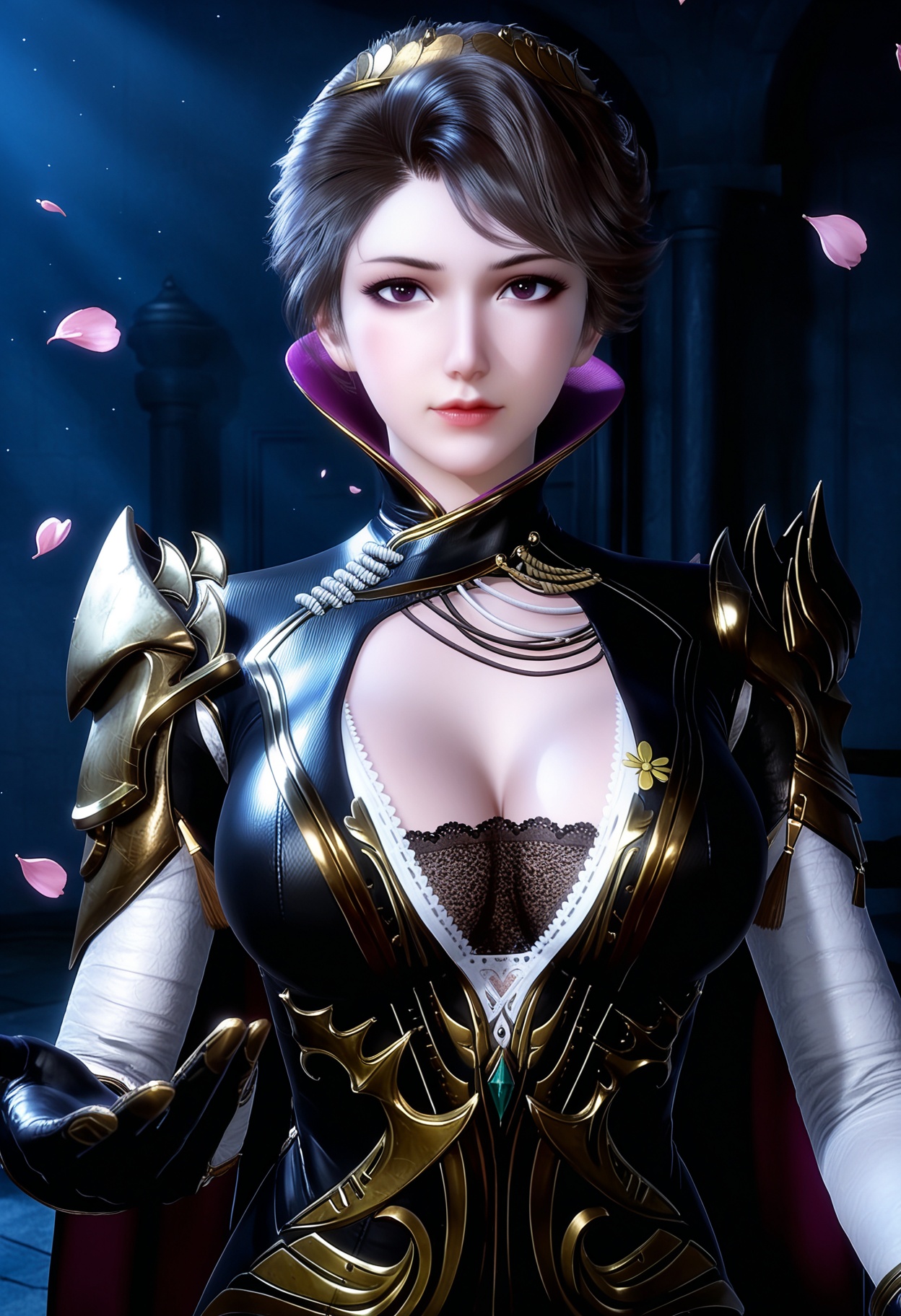 masterpiece,best quality,amazing quality,high resolution,ultra-detailed,absurdres,(looking at viewer:1.1),upper body,(Dark room:1.3),(moody lighting:1.1),peach blossom,falling petals BREAK large breasts,cleavage,zhuzhuyun,1girl,solo,short hair,brown hair,bodysuit,gloves,high collar,armor,purple eyes,cape,shoulder armor,hair ornament,makeup,clothing cutout,black bra,lace-trimmed bra,black gloves,high heels BREAK photorealistic details,<lora:QQSillzhuzhuyunV1:0.8>,
