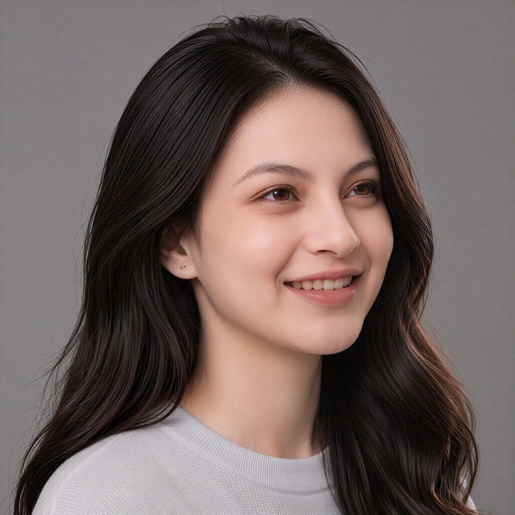 A photorealistic portrait shows Alin,  a woman displaying a relieved facial expression. Visible facial cues include soften...