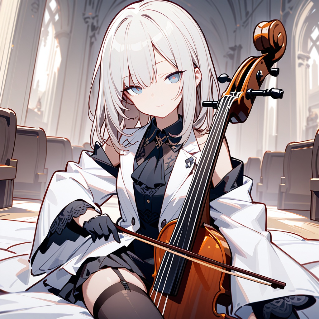line art,line style,indoors,church,1girl,solo,small breasts,collared jacket,white jacket,wing collar,black ascot,black gloves,wide sleeves,short over long sleeves,dress shirt,sgrey shirt,lace-trim,black thighhighs,garter straps,seductive smile,half-closed eyes,looking at viewer,pov,close-up,cello,playing cello,masterpiece,bestquality,onnk,Q,