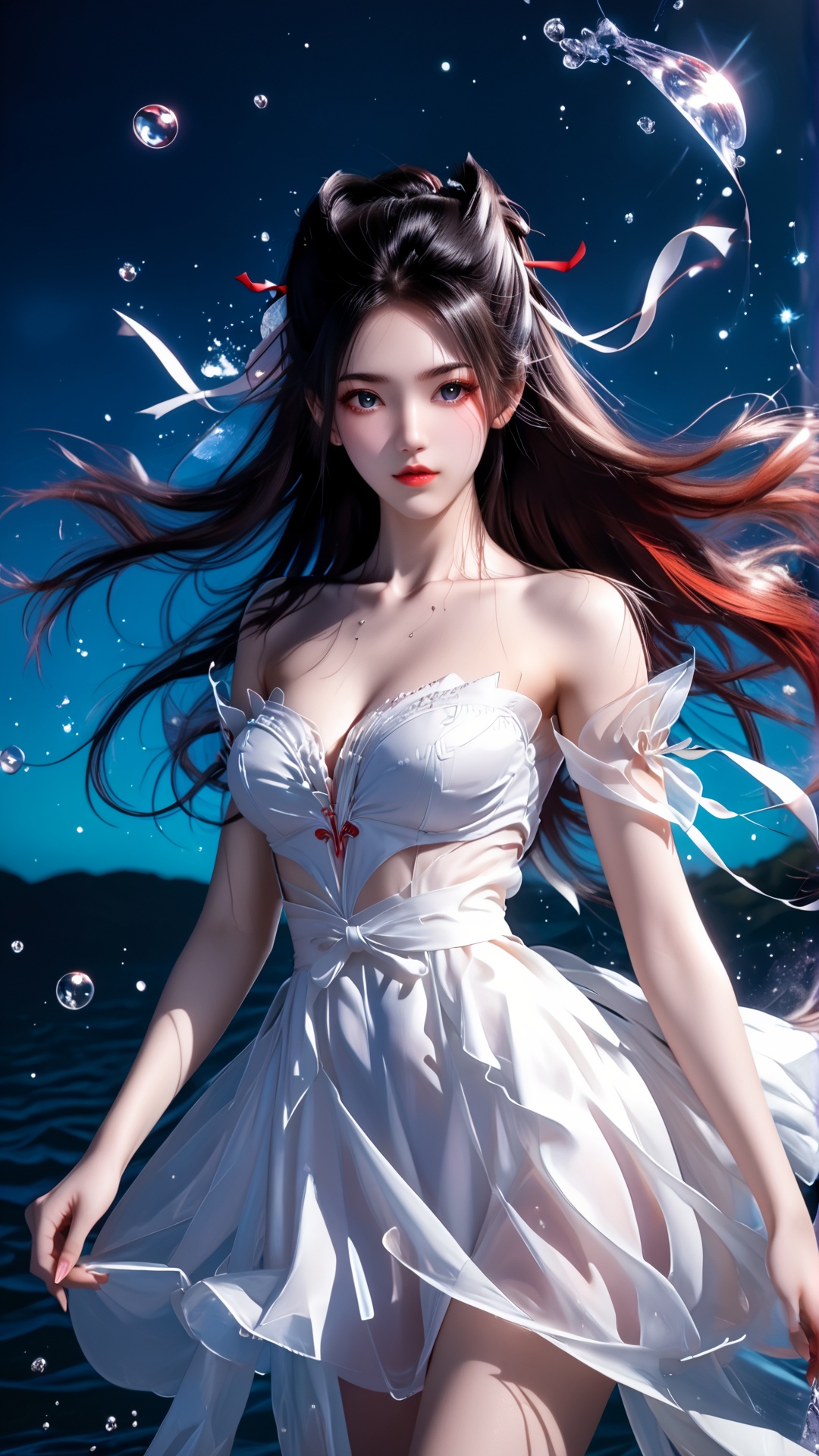 The image is a digital illustration of a young woman with long dark hair and red flowers in her hair. She is wearing a red and white strapless dress with a sweetheart neckline and a large red flower on the chest. The dress is cinched at the waist with a white ribbon tied around it. The woman is standing in the water, with her arms stretched out to the sides and her head tilted slightly to the side. She has a serious expression on her face and is looking directly at the camera. The background is a deep blue, with small white bubbles floating around her. The overall mood of the image is dreamy and ethereal.,<lora:pony焰:0.8>,