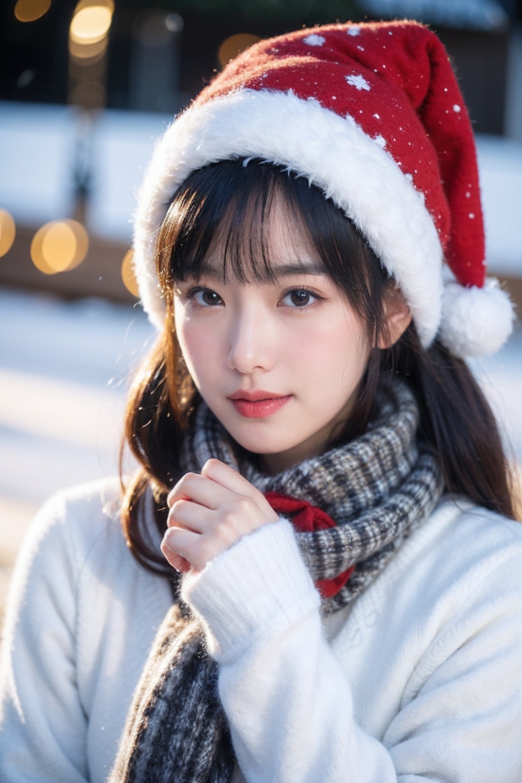 1girl,moyou,christmas,scarf,santa_hat,christmas decoration,snow,