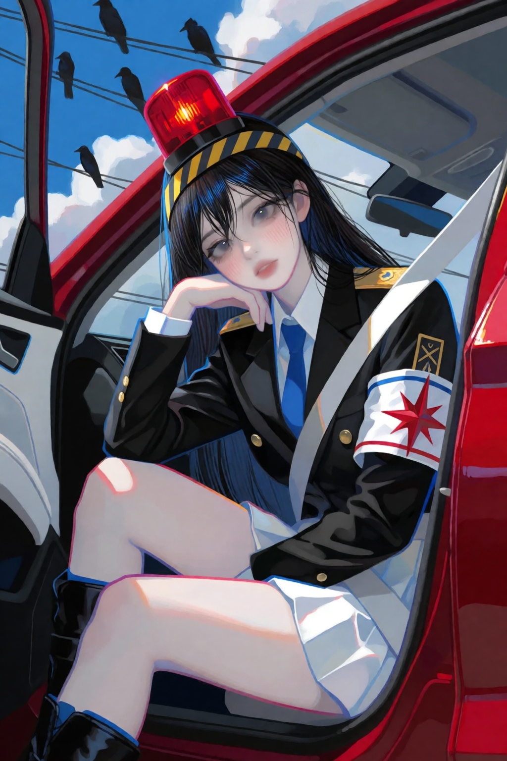 A long-haired woman with black hair and grey eyes sits in the passenger seat of a red car with white interior trim,  resti...
