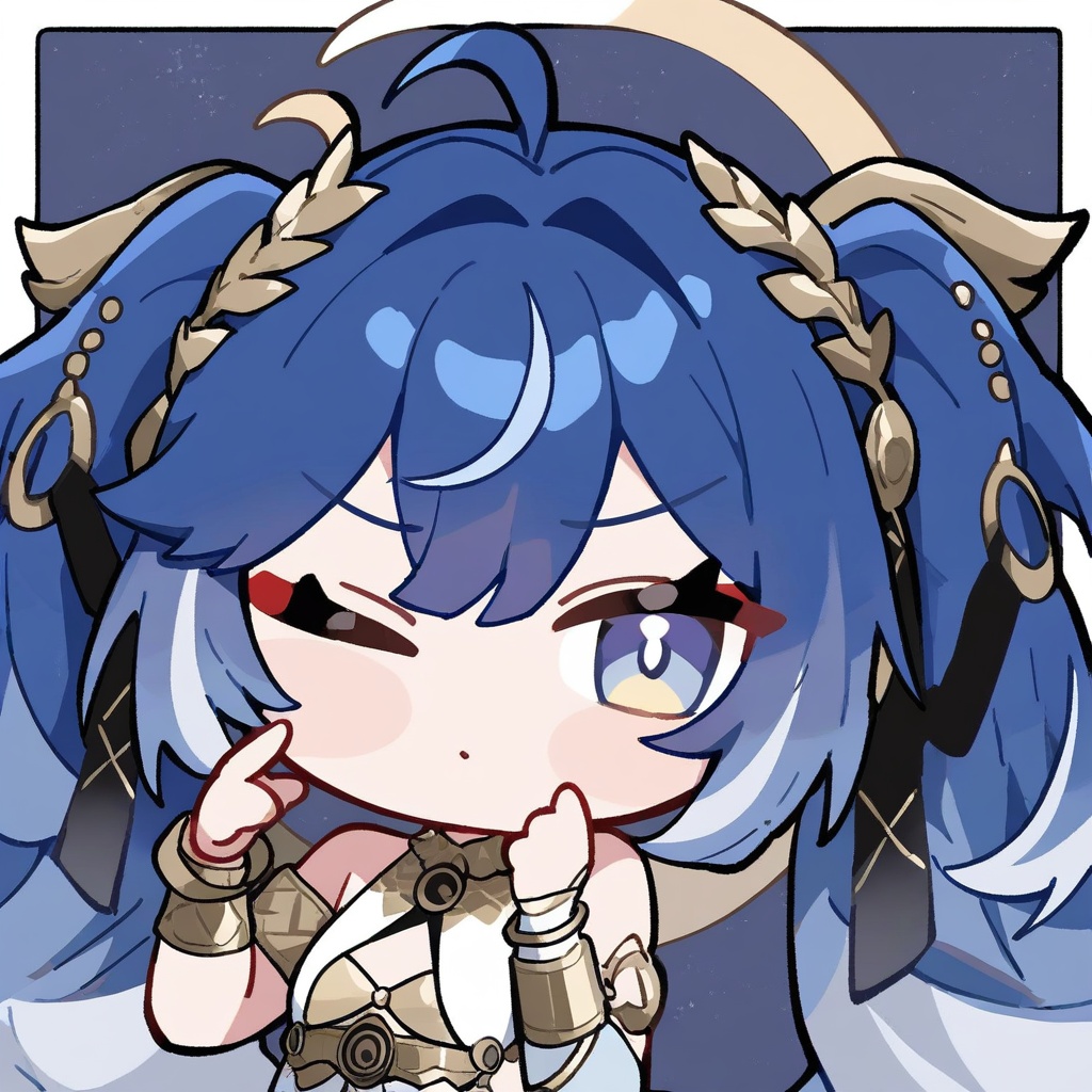 ,very awa,masterpiece,best quality,year 2024,newest,highres,absurdres,1girl,ahoge,armlet,(chibi,chibi only:1.3),closed mouth,crescent,hair belt,hand up,iuno \(wuthering waves\),jewelry,multicolored hair,one eye closed,portrait,solo,streaked hair,<lora:iuno50mc_xllokr:0.8>