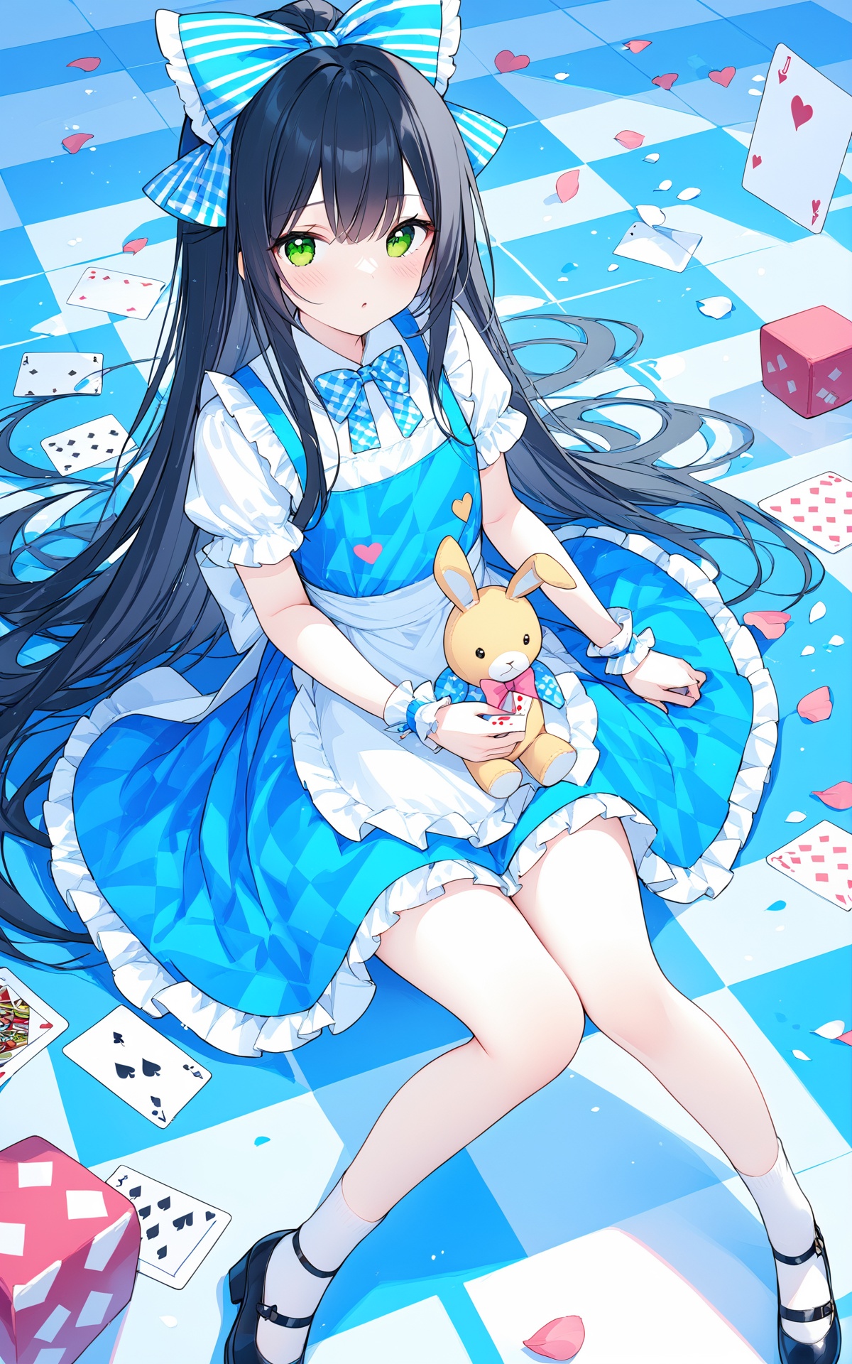 masterpiece, best quality, 1girl, long hair, green eyes, checkered floor, stuffed toy, stuffed animal, solo, dress, black hair, bow, hair bow, playing card, card, stuffed bunny, petals, looking at viewer, blush, wrist cuffs, blue dress, apron, short sleeves, heart, frills, sitting, bangs