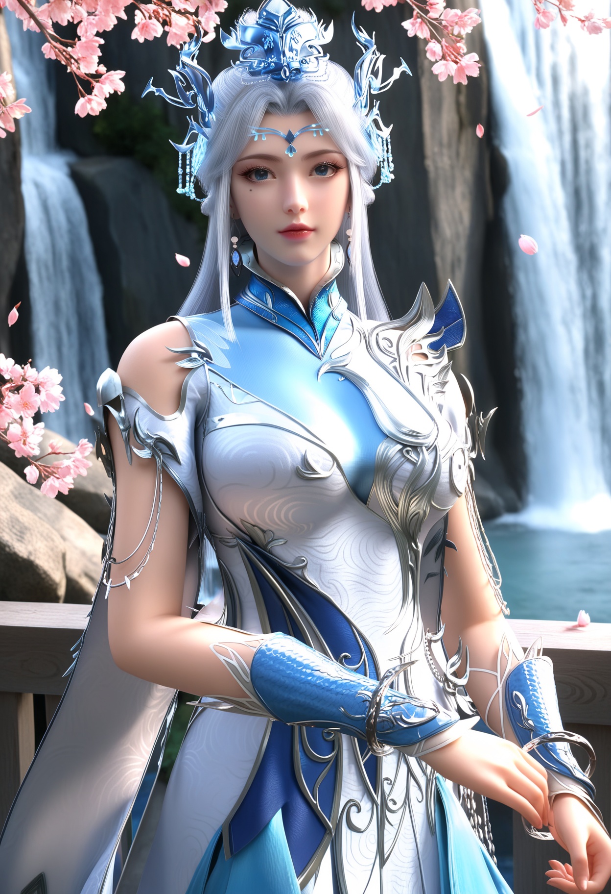 masterpiece,best quality,amazing quality,high resolution,ultra-detailed,absurdres,(looking at viewer:1.1),(moody lighting:1.1),waterfall,peach blossom,falling petals BREAK (large breasts:0.8),ningyudie,1girl,solo,long hair,hair ornament,jewelry,dress,chinese clothes,blue eyes,white hair,earrings,hair bun,mole under eye,makeup,bracelet BREAK photorealistic details,<lora:QQSillningyudieV1:0.8>,