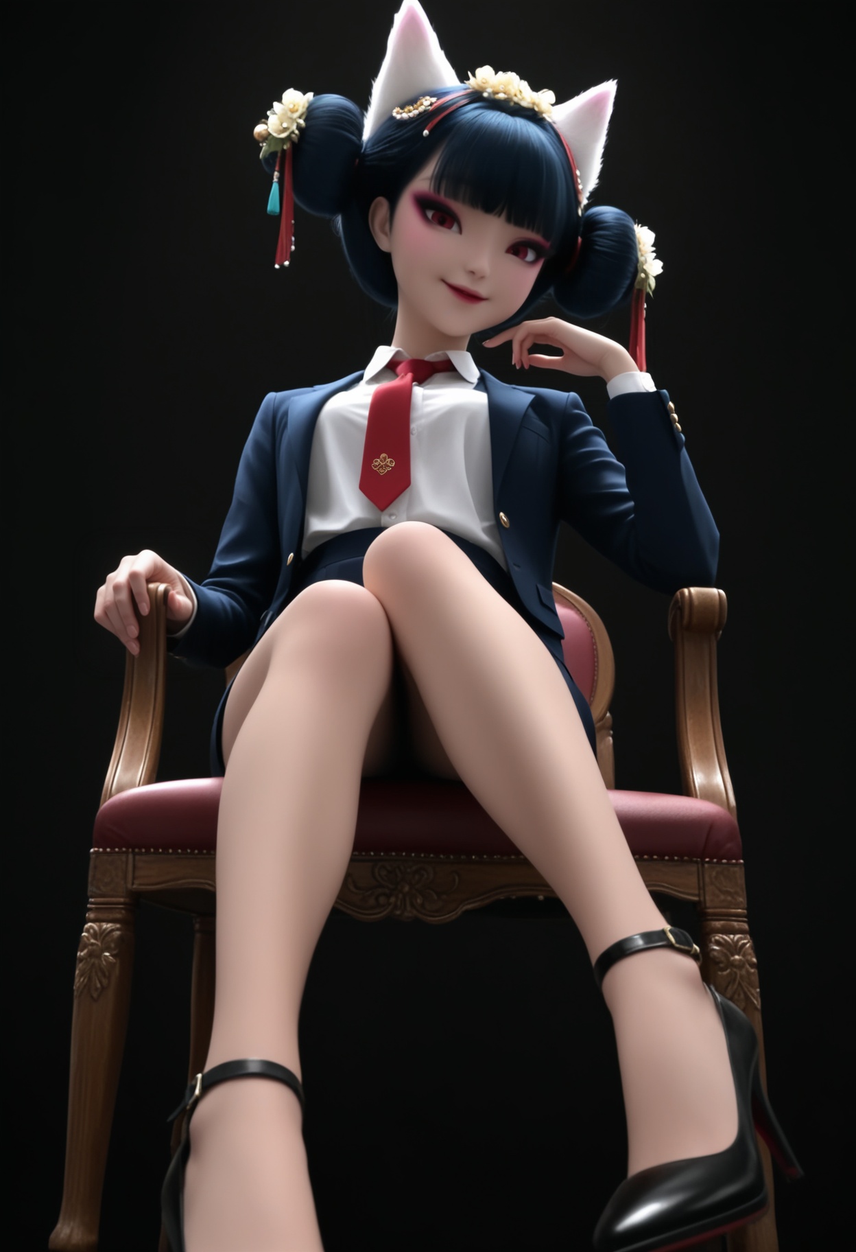 (score_9),masterpiece,best quality,absurdres,highres,(white_skin),light_skin,BREAK<lora:宝青坊-ill-000005:0.83>,1girl,solo,hair ornament,hair flower,hair bun,tassel hair ornament,bangs,makeup,black hair,fox ears,red eyes,bare legs,narrow waist,suit,dress_shirt,blazer,skirt,skirt_suit,necktie,high heels, looking at viewer,front view,face focus,light blush,smile,sitting, chair, pov, from below, BREAKsimple background,black background,