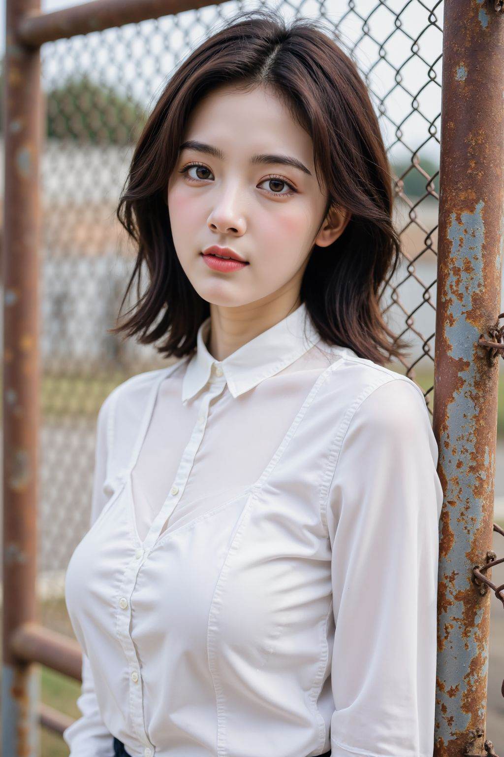 <lora:20250818_AgainGirlF1Lora10:0.8>,Vibrant colors infused with mixed colorism,soft_light_style,In the image,a young woman is the central figure, black and brown eyes,standing against a backdrop of a chain link fence. She is dressed in a white blouse,and she is wearing short skirt, large breasts and smile, The fence behind her is rusted,suggesting it has been exposed to the elements for some time. The woman is looking directly at the camera,her expression neutral. The image is taken from a slightly elevated angle,providing a clear view of the woman and the fence.,
