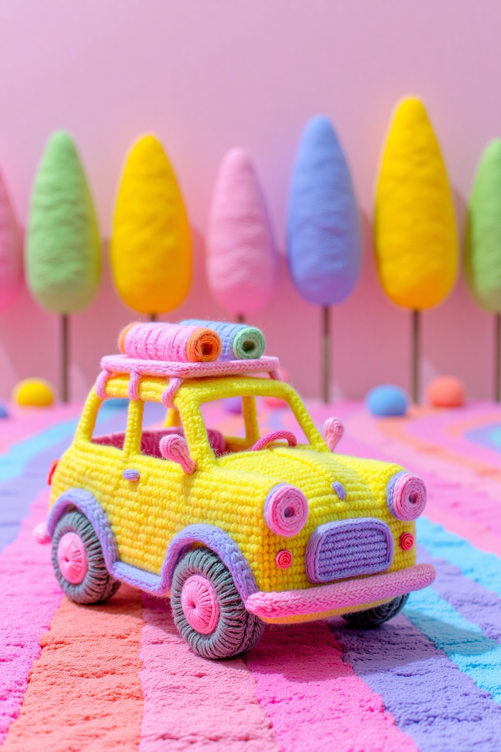 beijihui,Captured from a close-up,eye-level perspective,a yellow knit toy car is positioned on a pink,purple,and blue striped rug. The car is adorned with pink and purple accents,adding a pop of color to the scene. The backdrop is a soft pink wall,adorned with a row of trees **** of yarn,adding depth to the composition.,