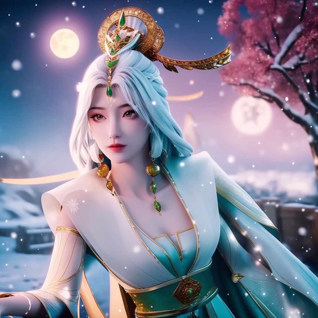 <lora:820-DA-念无双-无双:0.8>, (,1girl, ,best quality, ),,  picture-perfect face,   clean, masterpiece,     cinematic lighting, cinematic bloom, fantasy,  , unreal, science fiction, ((,1girl, pov,))(((,tree, 1girl, full moon,snowing,snow ,solo,     solo focus,  long_hair, looking_at_viewer,  )))  (rich:1.4,)     prestige, luxury, jewelry, diamond, gold, pearl, gem, sapphire, ruby, emerald, intricate detail, delicate pattern, charming, alluring, seductive, erotic, enchanting, hair ornament, necklace, earrings, bracelet, ,