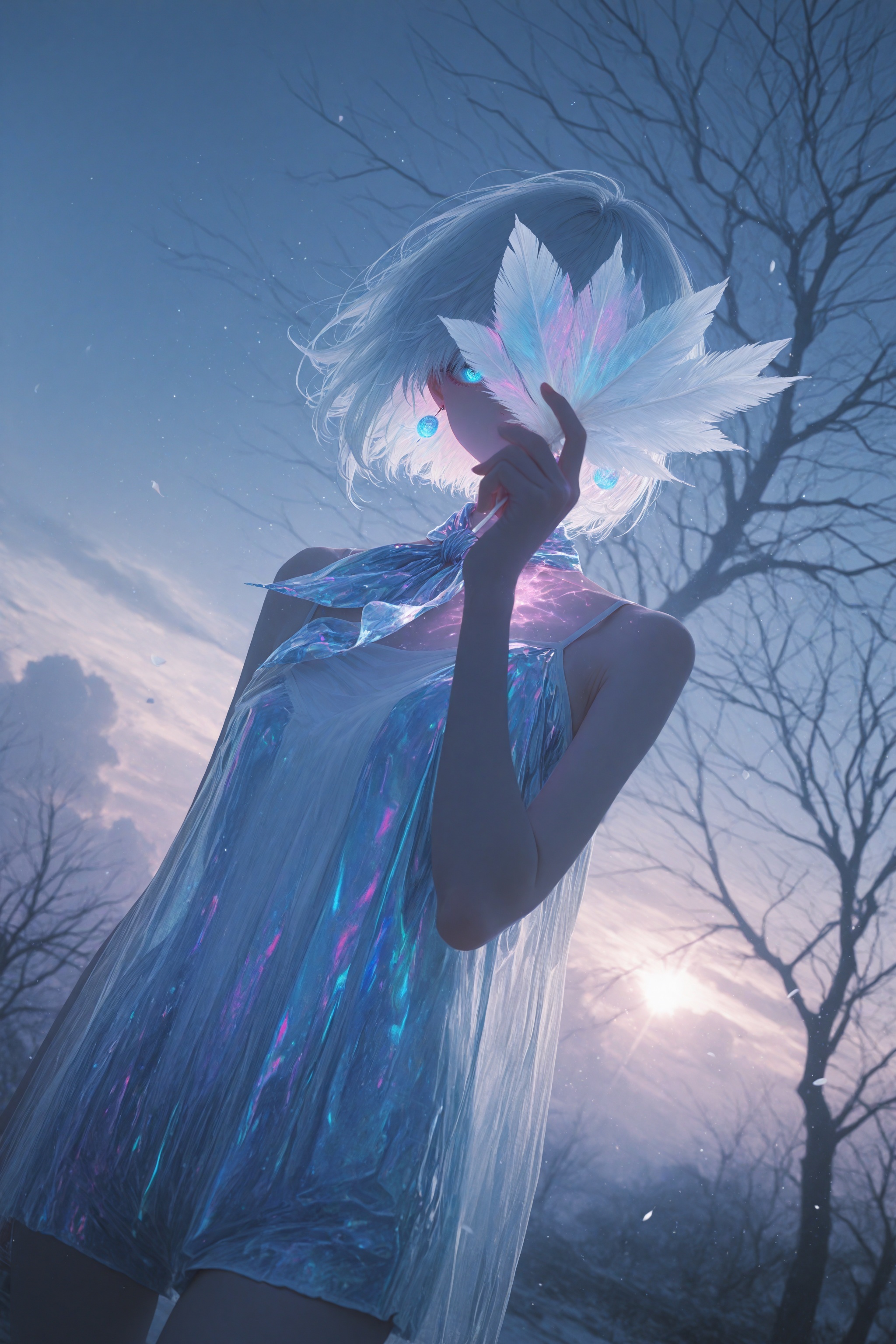 masterpiece,best quality,amazing quality,very aesthetic,absurdres,newest,extreme aesthetic,in the style of fashion photography,light particles,cinematic lighting,Visual impact,sharp focus,Emotionalization,depth of field,dutch angle,scenery,(yoneyama mai:0.5),(quasarcake:0.4),(wlop:0.3),painting \(medium\),(flat color),1girl, holding feather, feather covering face, one eye covered,, pattern neckerchief, earrings, camisole, jacquard, , intricate detail, iridescent, glowing,, BREAK (blending:1.2), detailed background, branches, fractal, abstract background, petals, bare tree, cloud background, light particles