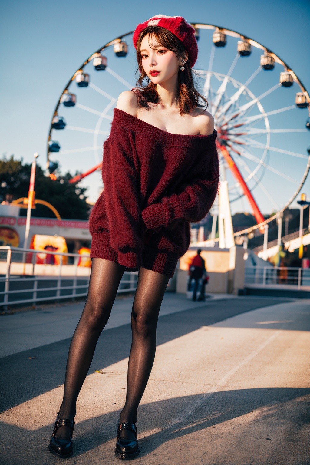 ((masterpiece, highest quality, Highest image quality, High resolution, photorealistic)),(Good structure),ito,1girl,solo,realistic,jewelry,earrings,sweater,brown eyes,black nails,nail polish,realistic,looking at viewer,long hair,wavy hair,lips,pout,off shoulder,off-shoulder sweater,red sweater,pantyhose,hat,wool cap,standing,outdoors,amusement park,ferris wheel on background,full body,front view,Depth of field,<lora:MI03:1>,