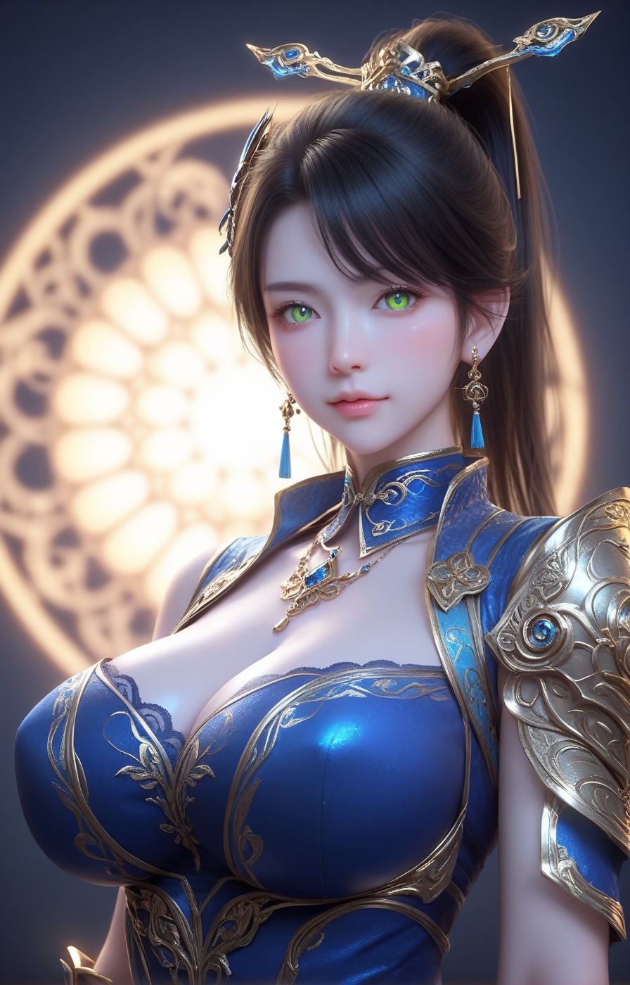 score_9,score_8_up,score_7_up,source_anime,<lora:qingxuan_qinglin_PONY:0.7>,1girl,solo,jewelry,earrings,black hair,green eyes,ponytail,looking at viewer,blush,(curvy:1.1),detailed eyes,jewelry,highly detailed,huge breasts,bright_pupils,dress,yellow eyes,blush,hair ornament,volumetric,dramatic lighting,(oil:1.1),(shiny_skin:1.2),ultra detailed 8k cg,ultra detailed background,extremely detailed eyes,full_shot,(pale_skin:1.1),(2.5D:1.4),rating_explicit,(realistic:1.2),perfect face,detailed face,sexy pose,supermodel,overall warm color,dol,innocence,mysterious,surreal,film grain texture,analog photography aesthetic,visual storytelling,dynamic composition,delicate details,highly detailed,concept art,extremely detailed,amazing quality,masterpiece,ultra-high resolution,32K UHD,sharp focus,best-quality,golden hour,with a high-end texture,unconventional supreme masterpiece,masterful details,temperate atmosphere,in the style of fashion photography,high detailed  skin,(detailed skin:1.1),nice hands,highly detailed,Skindentation,skin depression,highly detailed,masterpiece,<lora:Add_more_details_V2_XLpony:0.6>,dramatic lighting,detailxl,(lace_panties:1.2),(portrait:1.4),blue clothes,(armor:1.1),