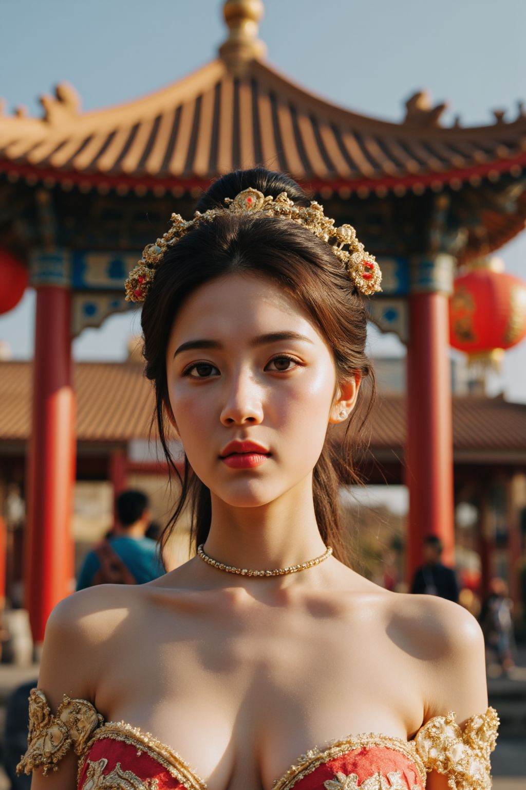 This is a high-resolution photograph featuring a young woman with a distinguished and ethereal appearance. She has long,dark brown hair styled in an elaborate updo adorned with gold and red hair accessories that resemble traditional Asian ornaments. Her skin is fair and smooth,with a slight blush on her cheeks. She has large,expressive eyes with a soft,golden hue,and her lips are slightly parted,giving her a serene and alluring expression.,She is dressed in a traditional Chinese qipao,a form-fitting dress that accentuates her slender physique. The qipao is off-shoulder,revealing her shoulders and upper chest,and is adorned with intricate embroidery and golden trimmings. She wears a delicate gold necklace with a red pendant that hangs just below her collarbone,adding a touch of elegance.,The background features a vibrant,traditional Chinese temple with ornate red and gold roofs and intricate carvings. The setting is bathed in warm,golden light,casting soft shadows that enhance the texture and depth of the scene. Red lanterns hang from the temple's eaves,adding a festive and cultural ambiance. The overall mood of the image is one of timeless beauty and cultural richness.,