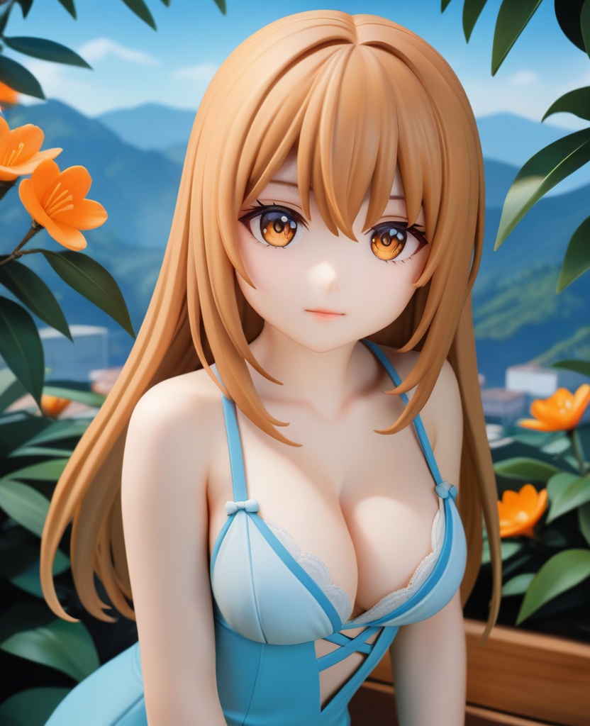 (,1girl, ,best quality, ),looking at viewer,  ,ultra detailed background,ultra detailed background,ultra realistic 8k cg,, ,masterpiece, (( , )),, ,      ,  orange blossoms,  (cleavage), (), ,,