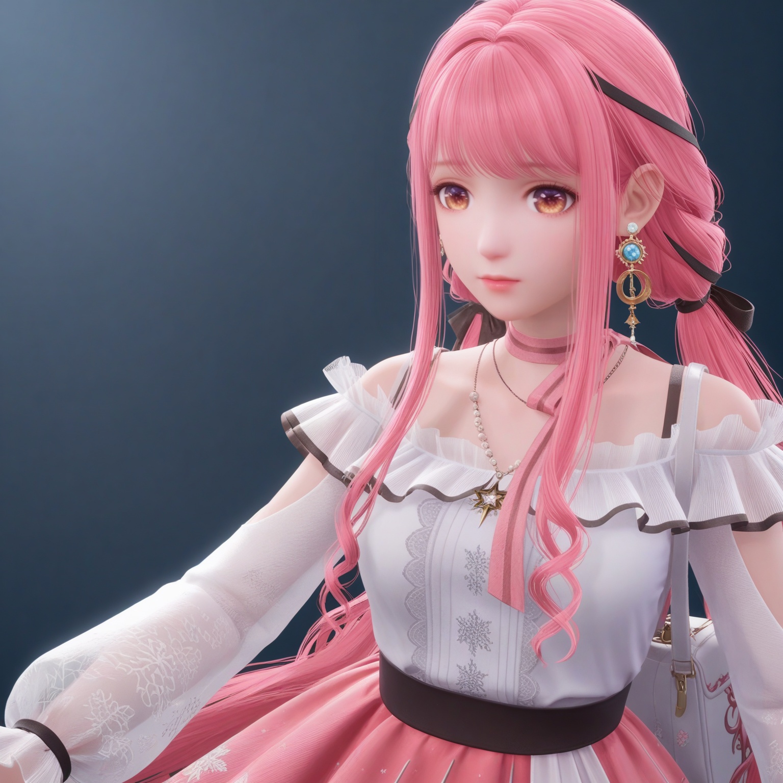 (upper_body:1.1),(huge breasts:0.9),59.<lora:YQponynuannuanV4:0.8>,q1528437228,solo,1girl,long_hair,pink_hair,dress,ribbon,bangs,long_sleeves,hair_ribbon,pink_skirt,jewelry,twintails,brown_eyes,necklace,skirt,choker,pink_eyes,braid,virtual_youtuber,socks,white_shirt,black_ribbon,sidelocks,shirt,floral_print,pink_footwear,shoes,pink_dress,frills,very_long_hair,white_socks,bow,ponytail,pink_ribbon,bag,hair_ornament,bare_shoulders,low_twintails,earrings,hair_bow,,blush,(looking_at_viewer:1.1),BREAKintricate details,shiny_skin,solo focus,(blurry background:1.1),(depth of field:1.1),perfect_anatomy,(cinematic lighting:0.9),(volumetric lighting:0.9),(simple background,pure black background,black background:1.1),
