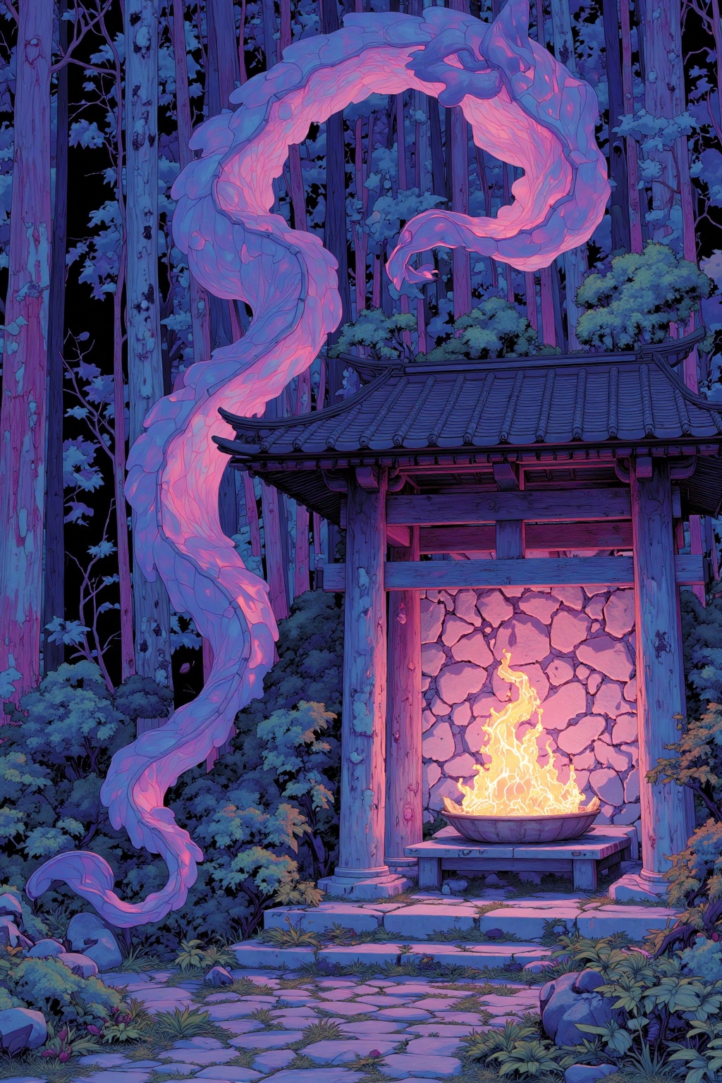 beijihui,A magical beast curled around a glowing shrine at night,deep forest,intimate composition,