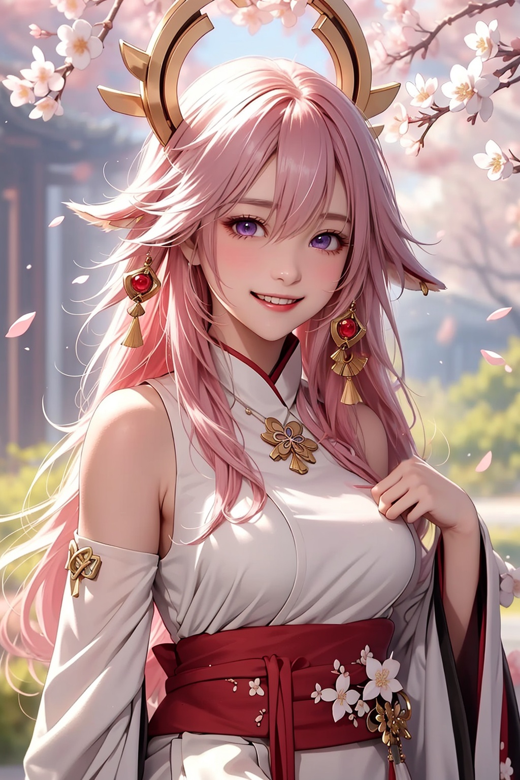 ba shen zi,1girl,solo,pink hair,long hair,purple eyes,smile,animal ears,hair between eyes,bare shoulders,breasts,wide sleeves,fox ears,japanese clothes,finger to mouth,bangs,upper body,closed mouth,blush,hair ornament,long sleeves,cherry blossoms,petals,jewelry,hand up,outdoors,cheerful demeanor,radiant smile,bright personality,warm-hearted nature,optimistic outlook,vibrant energy,sun-kissed complexion,joyful laughter,free-spirited,carefree attitude,uplifting presence,playful spirit,positive vibes,(lively enthusiasm:1.1),beaming with happiness,natural beauty,sunshine in her eyes,infectious laughter,<lora:aki-000008:0.5>,