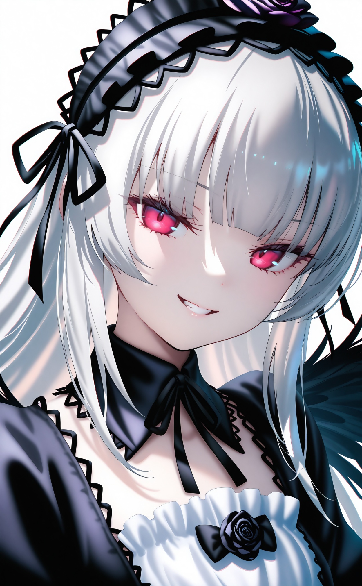 masterpiece,highres,absurdres,newest,best quality,high quality,loli,petite,chromatic_aberration,//,1girl,suigintou,solo,feathers,black_feathers,lolita_hairband,hairband,white_background,long_hair,black_hairband,looking_at_viewer,black_flower,smile,simple_background,black_wings,portrait,black_rose,white_hair,black_ribbon,ribbon,lolita_fashion,gothic_lolita,parted_lips,wings,rose,blunt_bangs,black_dress,falling_feathers,frilled_hairband,pink_eyes,red_eyes,grin,hair_ribbon,flower,dress,grey_hair,pale_skin,feathered_wings,colored_skin,//,//,<lora:MAQ——【CKXL测试】hans:1>,