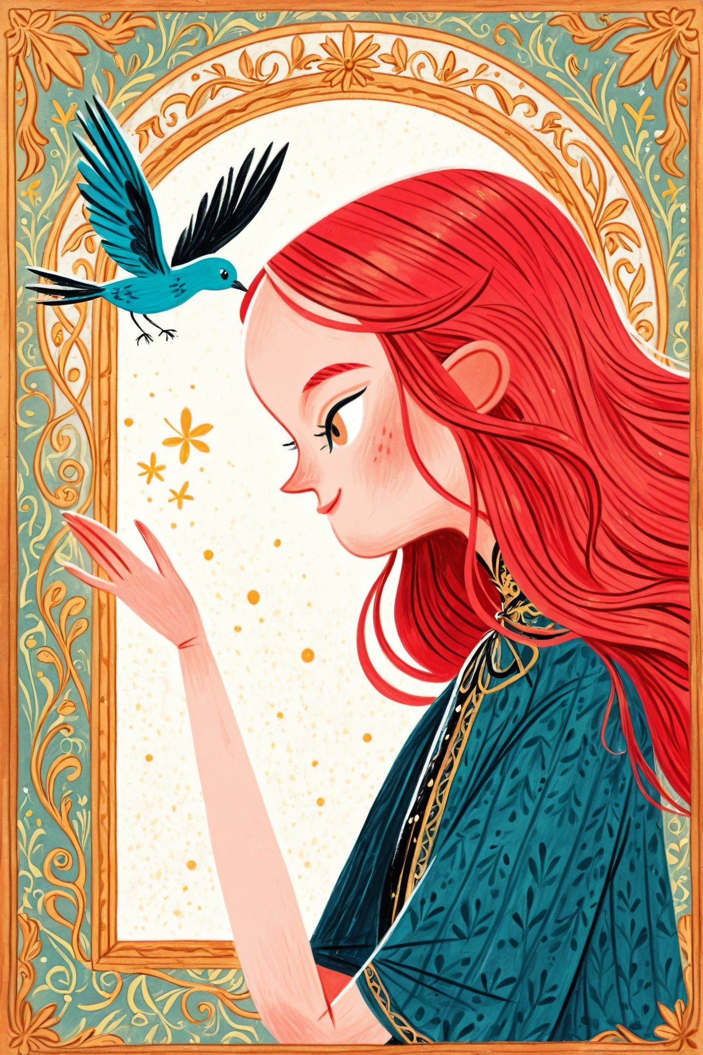 David Sierra Liston Style,red hair,long hair,solo,bird,upper body,profile,1girl,smile,border,<lora:David Sierra Liston_illustriousXL:1>,