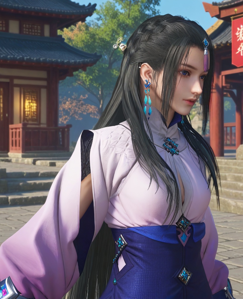 (oriental architecture, elegant decor, sophisticated style:1.1),(Tech Interaction, Interacting with a high-tech gadget or holographic display with a thoughtful expression,:1.1),(breasts:1.2),<lora:XL16古剑奇谭三云无月:0.95>,miss yunwuyue,pinkish white tunic,blue peplum overskirt,red violet petticoat,blue violet eyes,forehead pendan,black hair,very long hair,cornrows with long front strands,hair ornament,single earring,wristband,, score_9,score_8_up,score_7_up,score_6_up,score_5_up,score_4_up,3d rendering,tag1,tag2, Cinematic Lighting,backlighting,