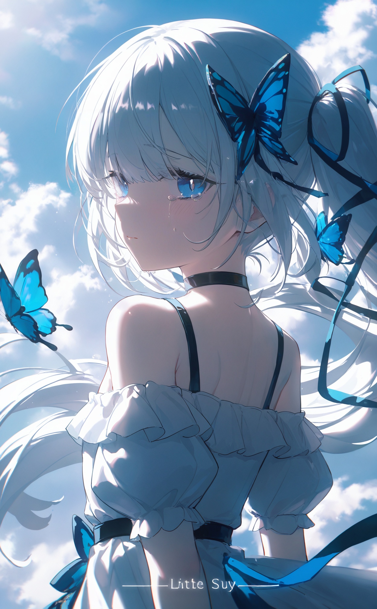 masterpiece,very aware,highres,absurdres,newest,best quality,loli,petite,high quality,chromatic_aberration,//,High quality 8k，1girl, solo, long hair, looking at viewer, blush, bangs, blue eyes, hair ornament, dress, ribbon, bare shoulders, closed mouth, hair ribbon, ponytail, white hair, frills, sky, choker, puffy sleeves, looking back, cloud, tears, off shoulder, white dress, english text, floating hair, crying, bug, butterfly, crying with eyes open, blue theme, off-shoulder dress, butterfly hair ornament, blue butterfly//,<lora:konya_karasue——【noob】hans:0.8>,