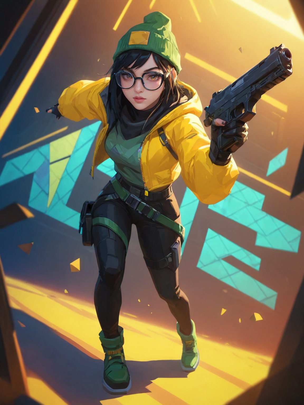 Killjoy,yellow jacket,1girl,gun,yellow belt,weapon,round eyewear,holographic interface,gloves,holding gun,green headwear,black hair,holding,holding weapon,hat,black pants,beanie,pants,This digital artwork depicts a futuristic,stylized woman in a yellow jacket and green cap,holding a gun and a holographic device. She wears black leggings and boots,with a confident pose. The background is vibrant with neon hues and geometric shapes,creating a dynamic,sci-fi atmosphere. The depth of field keeps the background in focus. No watermark is visible.,looking_at_viewer,real,ray tracing,ultra sharp,ultra high resolution,(masterpiece),(best quality),super detailed,extremely delicate and beautiful,exquisite facial features,super delicate face,cinematic light,detailed environment,ultra realistic details,facing camera,finely detailed features,cinematic lighting effects,photoreal,32k uhd,cinematic lighting effects,