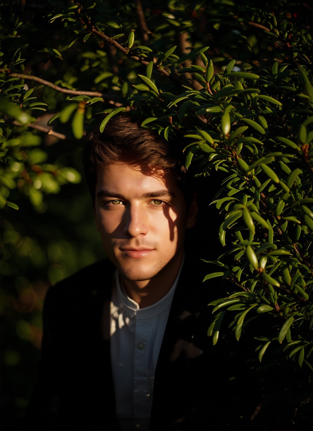 HDR photo of cinematic photo A guy is hiding in a bush . 35mm photograph,  film,  bokeh on Tensor.Art