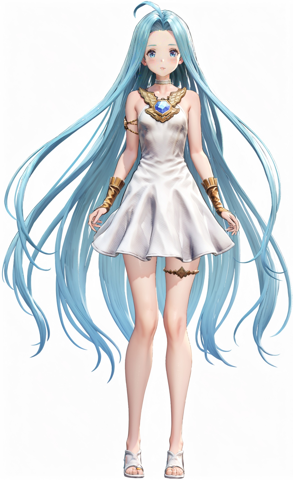 8k, best quality, masterpiece, (ultra-detailed), (high detailed skin), (white background:1.5),(full body), (white background), standing, looking at viewer, (solo),<lora:GBFV1-A3-Tanger-000013:0.75>,lyria (granblue fantasy), lyria's def-dress, Game's style, 1girl, long hair, dress, solo, blue eyes, very long hair, white dress, ahoge, thighlet, blue hair, full_shot,