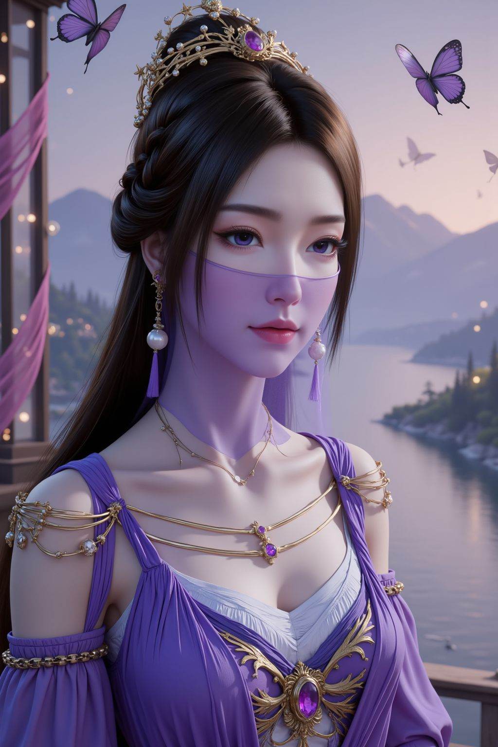 The main subject of the image is a woman in traditional attire. She wears a high bun, with a golden hair ornament inlaid with purple gemstones on top of her head and a hairpin with pearls and small golden decorations inserted on the side; her long hair is braided and hangs down beside her shoulders. A light purple veil covers her face, with tiny tassels on the edge; her purple pupils are paired with exquisite eye makeup, long eyelashes, and light pink lipstick on her lips. She wears golden star-patterned earrings on her ears, with pearls and purple tassels hanging below. Dressed in a purple off-shoulder long dress with a white inner lining at the neckline, the chest is decorated with golden patterns, gemstones, and pearls, appearing luxurious. The background is a blurred night scene with lights, surrounded by pink butterflies and purple and pink ribbons. The overall atmosphere is dreamy and elegant, with dominant purple and pink tones; golden decorations add a sense of nobility, butterflies and ribbons add dynamic rhythm, and the blurred background emphasizes the main subject. <lora:20251024_TinFlux1ZiLingLora9:1>