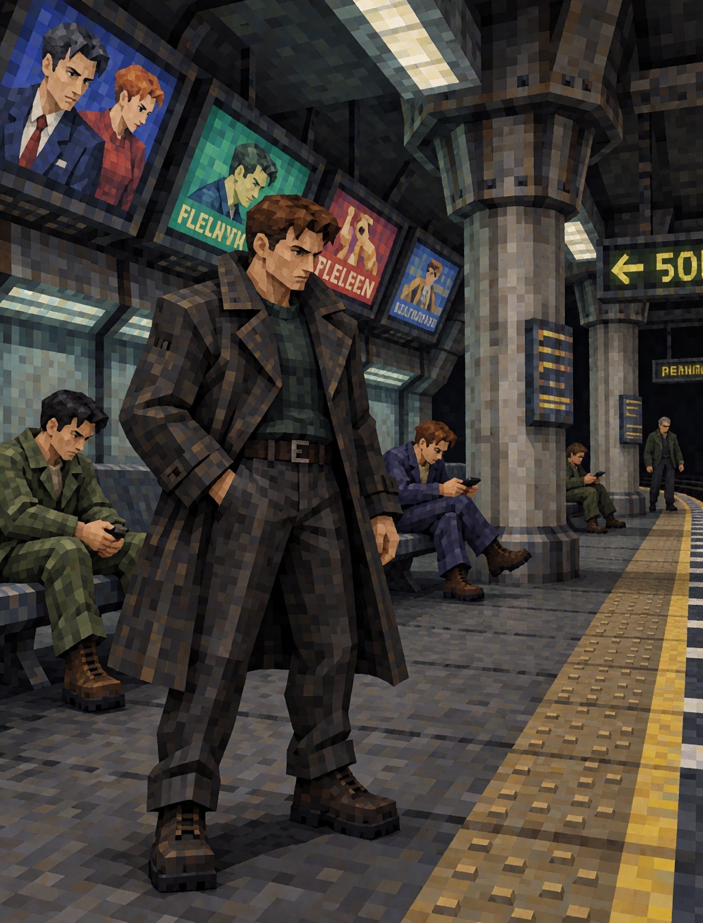 A cyberpunk detective wearing a dark trench coat standing in a futuristic underground railway station,  advertising screen...