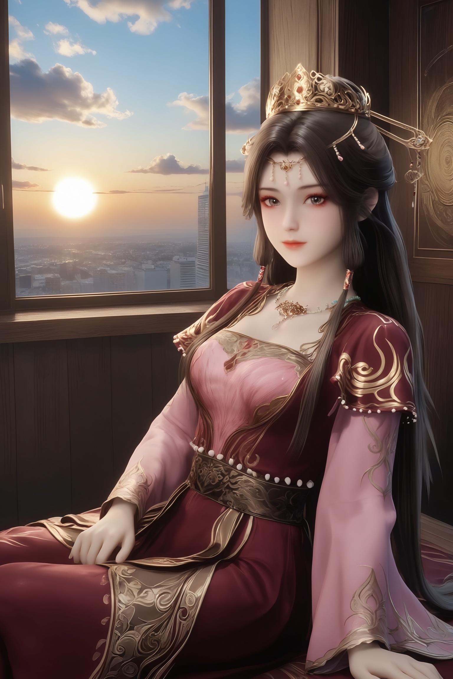 1girl,solo,sitting,window,frills,sky,cloud,indoors,cityscape,closed_mouth,sun,looking at viewer,<lora:牧神记-灵毓秀新装Pony:0.8>,1girl,long,dark brown hair,long,dark brown hair,elaborate,flowing pink and red robe,gold embroidery sleeves,