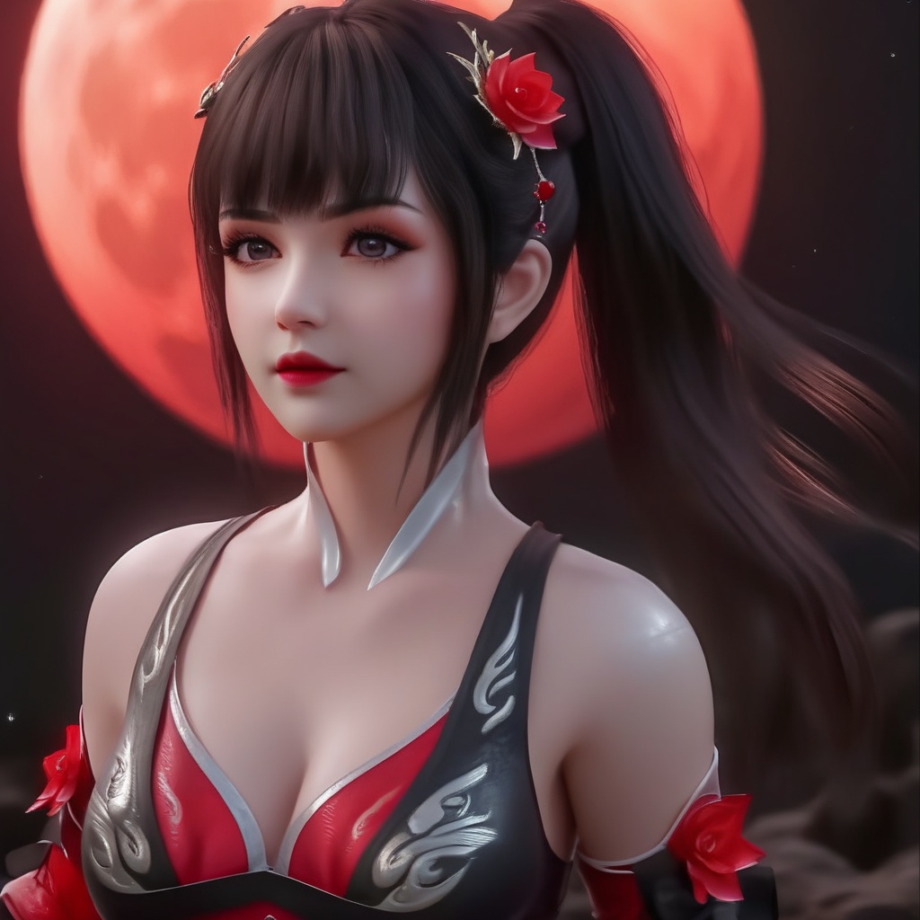 <lora:848-DA-XL-完美世界-火灵儿-幼年:0.8>, (,1girl, ,best quality, ),,  ,,ultra realistic 8k cg,, ,masterpiece, (( , )),, ,science fiction,mole, ,    ,red moon, black rose,     (cleavage),,  (),