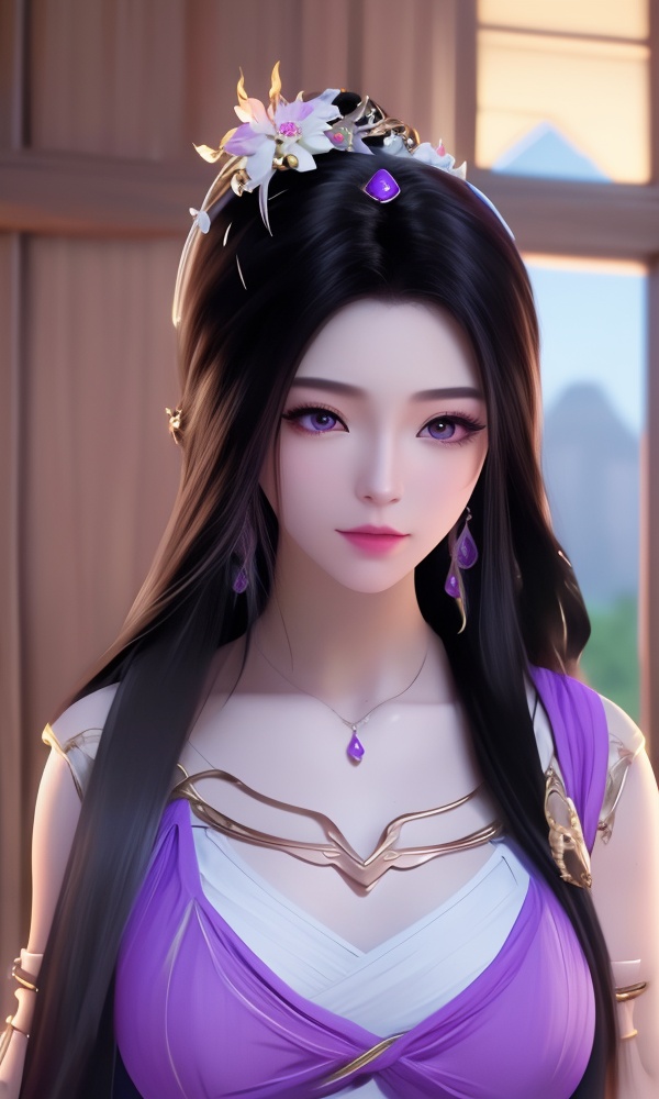 (,1girl, ,best quality, ),looking at viewer, <lora:395-DA-凡人修仙传-紫灵:0.8> ,ultra detailed background,ultra detailed background,ultra realistic 8k cg,, ,masterpiece, (( , )),, ,tamari \(flawless\),, hyper blossom,    (()), (), ,, , jewelry, necklace, solo, , , , hair_ornament, , earrings,large breasts,,  , ,