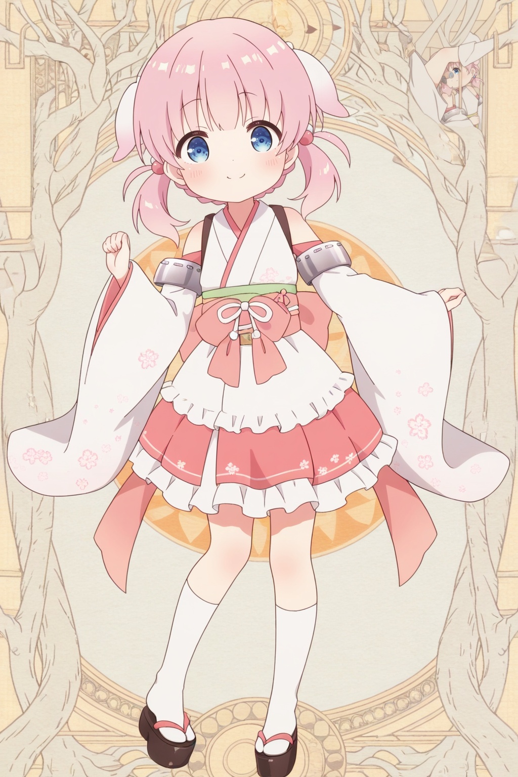 <lora:Haizakura_Ill_v10:0.8>,full body,Haizakura,little_girl,loli,kawaii,(child),blue eyes,short stature,pink hair,twintails,medium hair,hair ornament,japanese clothes,kimono,detached sleeves,bare shoulders,smile,white kimono,hair bobbles,