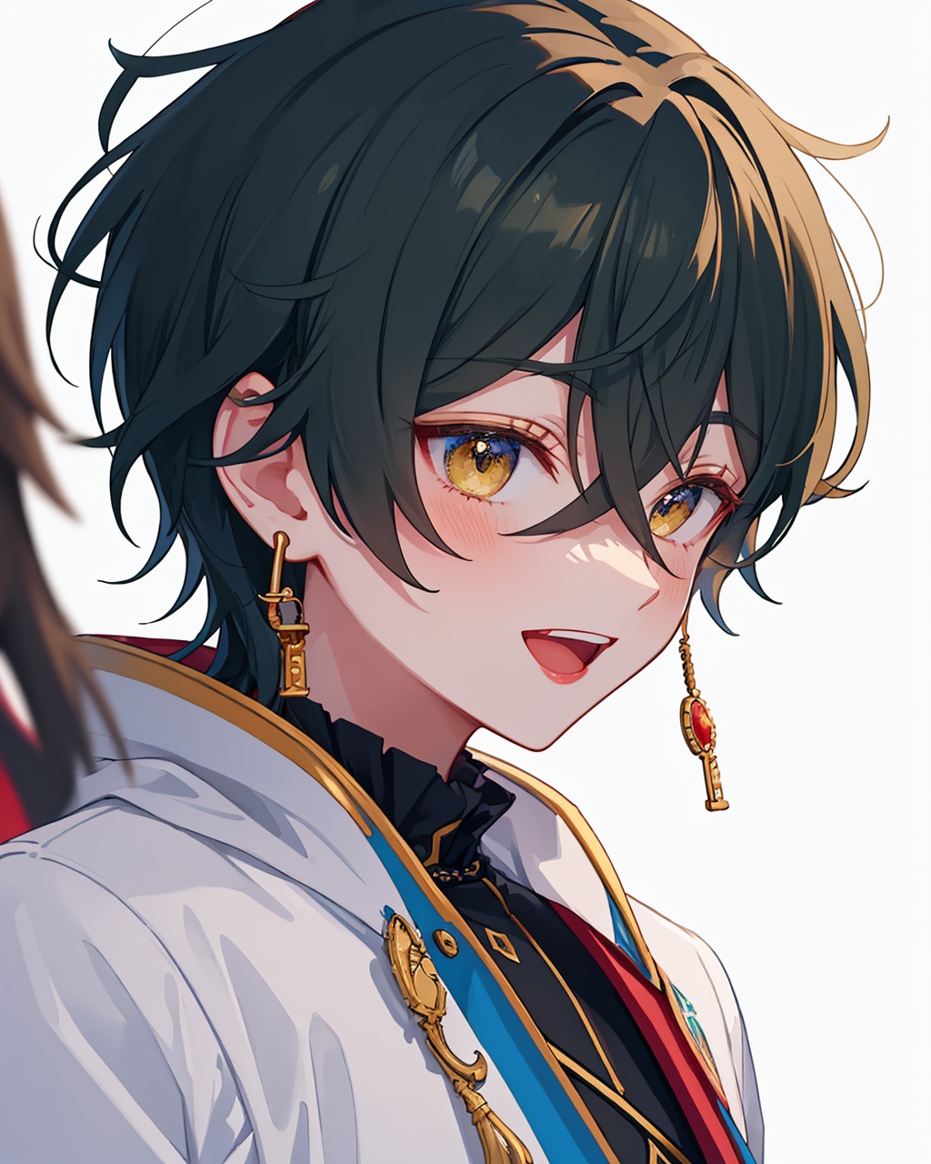masterpiece,best quality, highly detailed, kagehira mika,1boy, male focus, solo, earrings, feathers, smile, pale skin, white background, open mouth, blush, virtual youtuber, facing to the side, blurry,<lora:kagehira_mika:1>