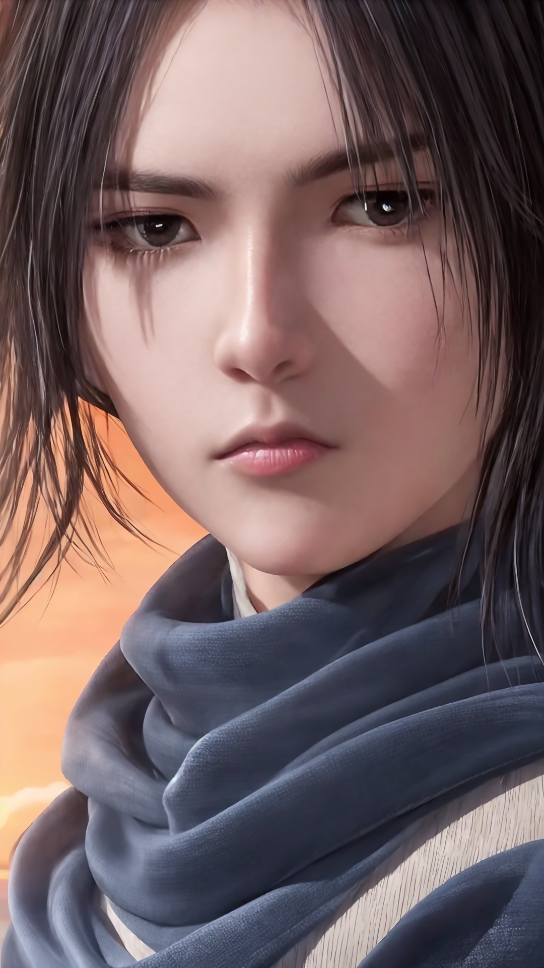 solo,black hair,scarf,male focus,1boy,looking at viewer,black eyes,realistic,lips,closed mouth,<lora:Ge Nie man Boy Handsome boy swordsman_20240829181204:0.8>,mid_shot,cowboy_shot,china_dress,sunset,the top of the hill,