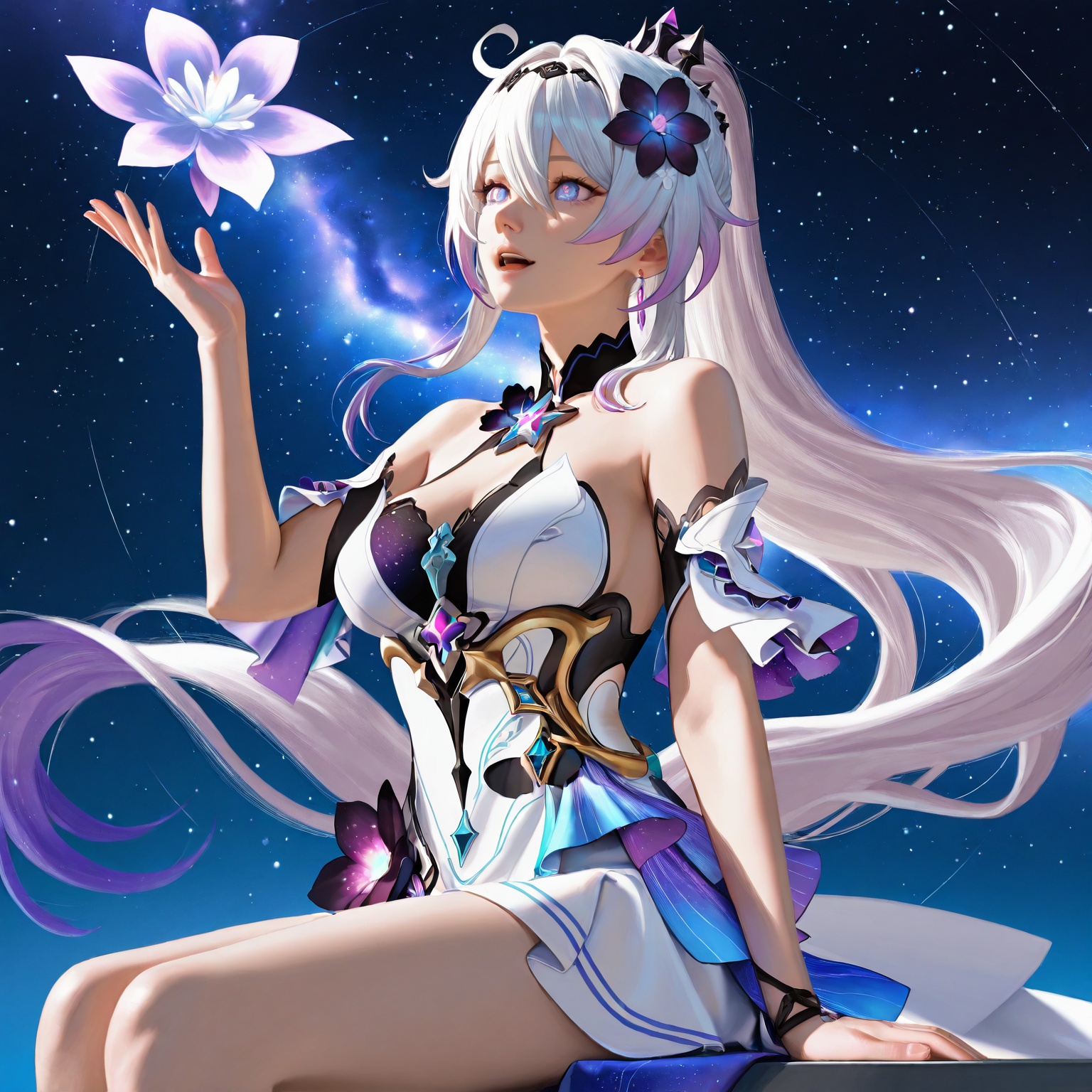 realistic,2.5D,photorealistic,1girl bare_shoulders birthday black_flower blue_eyes chinese_commentary commentary_request dress feet_out_of_frame floating floating_hair flower german_commentary gradient_hair hair_between_eyes hand_up highres honkai_(series) honkai_impact_3rd invisible_chair kiana_kaslana kiana_kaslana_(herrscher_of_finality) lin_yu_jin long_hair mixed-language_commentary multicolored_hair open_mouth purple_hair purple_hands sitting solo space star_(sky) strapless strapless_dress two-tone_hair very_long_hair white_dress white_hair