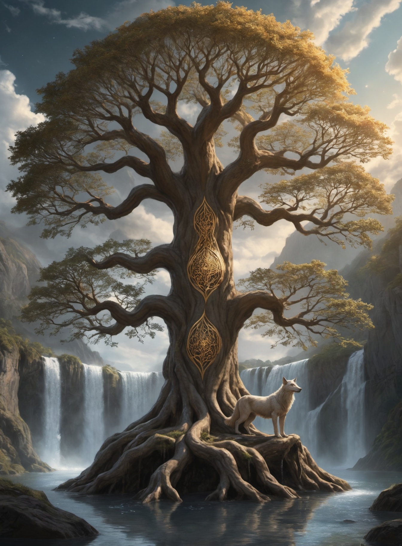 The paintingof the legendary Yggdrasil tree,  reaching up towards the heavens with its sprawling branches adorned with lea...