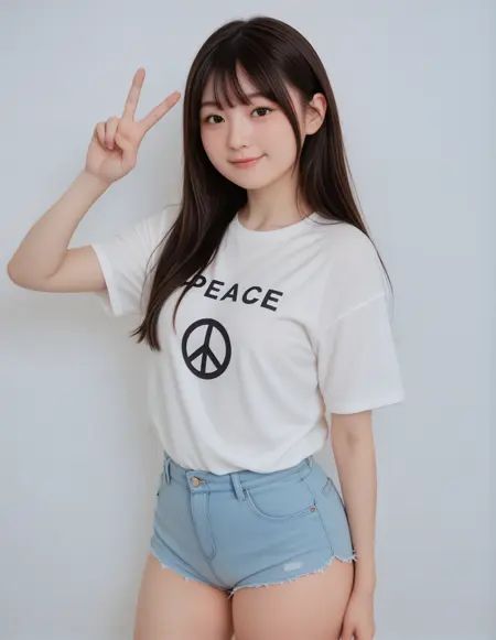 masterpiece, best quality, newest, absurdres,Girl, black hair, black eyes, a little smile, closed mouth, hot pants, T-shirt, simple background, peace sign