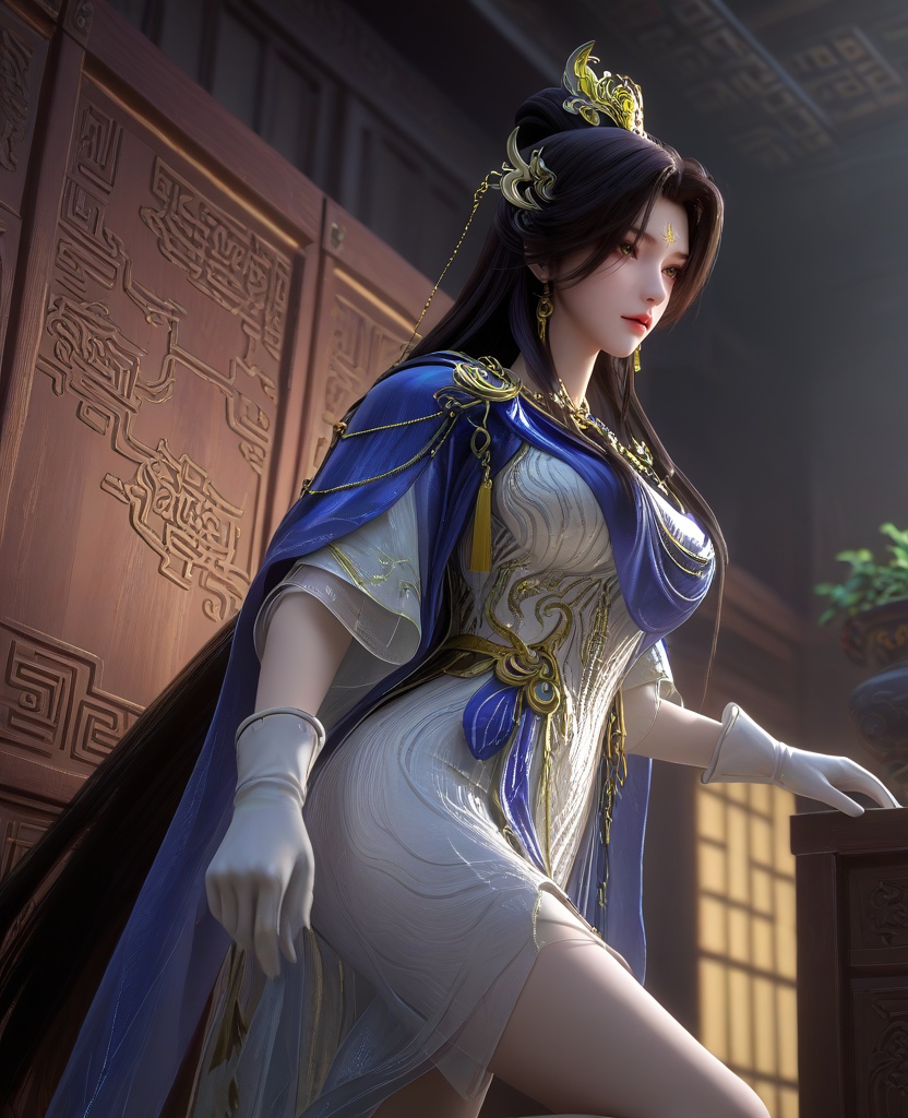 (Leaning against a wall with one leg bent,:1.1),(large breasts:1.2),<lora:XL16云深不知梦羲和城主服:0.95>,miss xihe,white dress,blue shawl,mole under left eye,forehead mark,black hair,absurdly long hair,traditional chinese updo with long front strands,hair ornament,jewelry,white gloves,blue sheer petticoat,, score_9,score_8_up,score_7_up,score_6_up,score_5_up,score_4_up,3d rendering,tag1,tag2, Cinematic Lighting,backlighting,