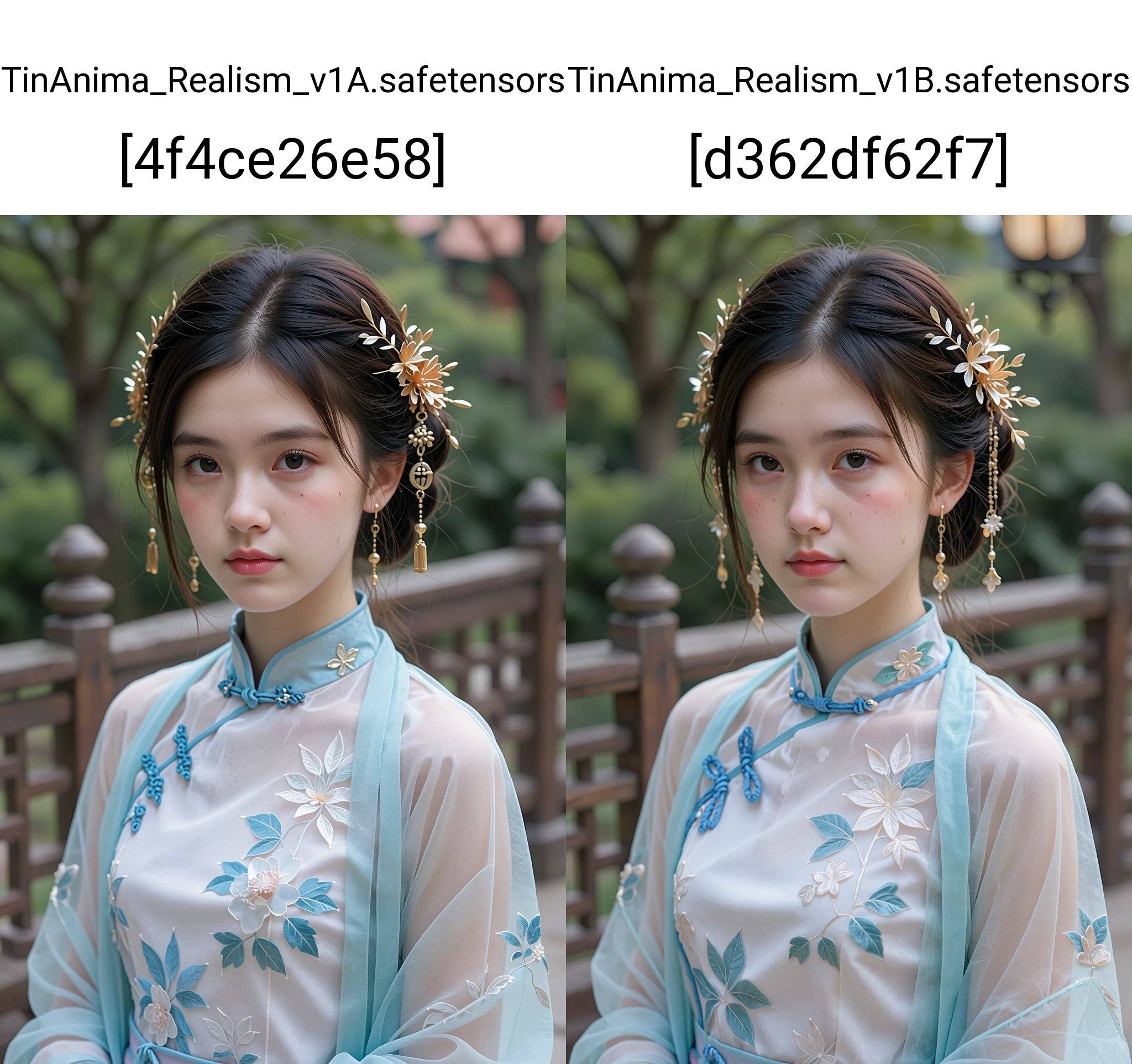 Photograph of a young Asian woman with fair skin and dark hair styled in an intricate updo adorned with golden floral hair...
