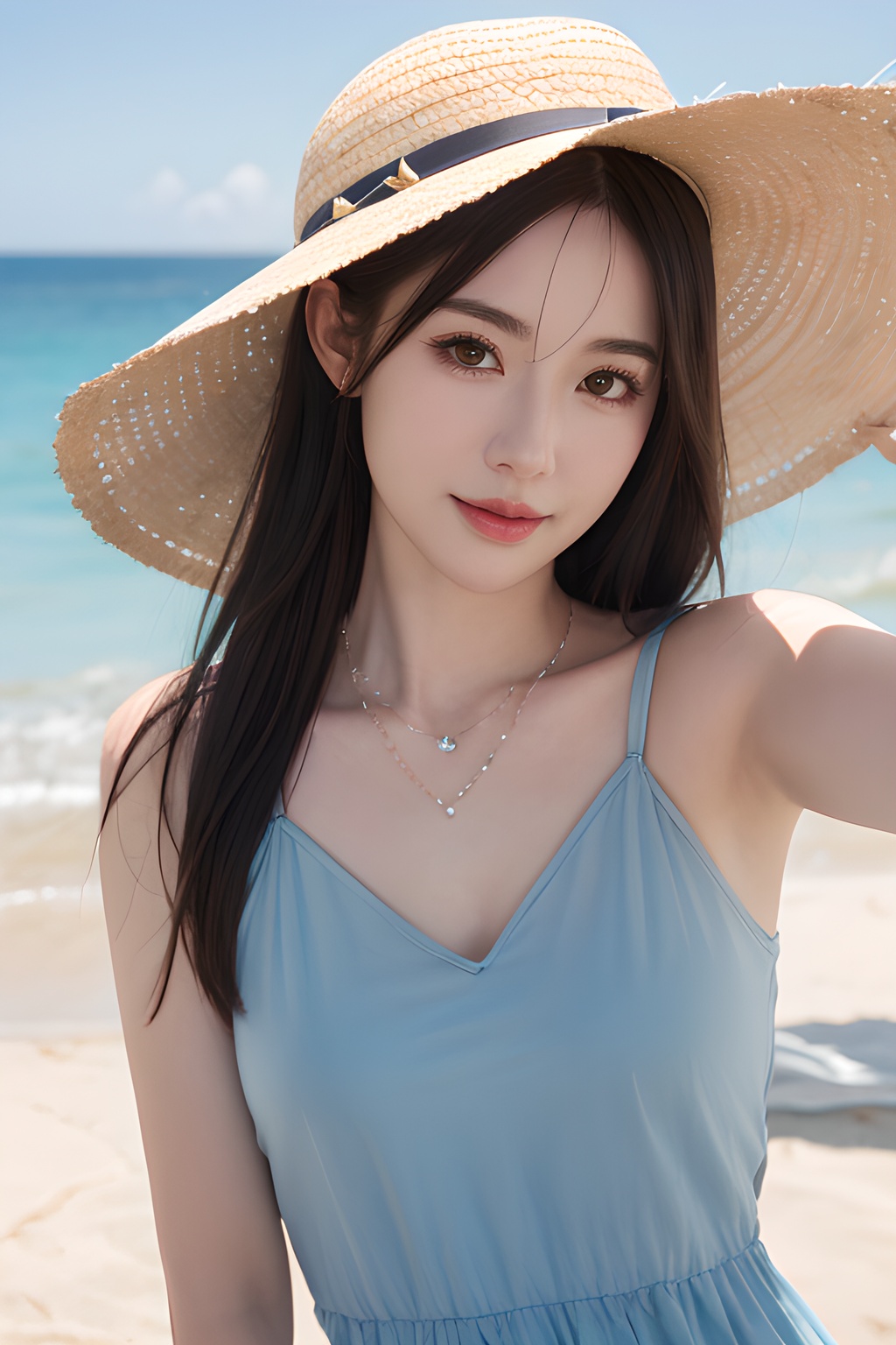 <lora:0812_03:0.7>,araffe girl with long hair wearing a straw hat and blue dress, 1girl, solo, hat, straw hat, long hair, looking at viewer, necklace, jewelry, heart necklace, smile, heart, brown hair, bangs, day, beach, outdoors, upper body, black hair, sunlight, closed mouth, swimsuit, selfie, sky, ocean,, 1girl,realistic,masterpiece, best quality, photorealistic, HDR,detail