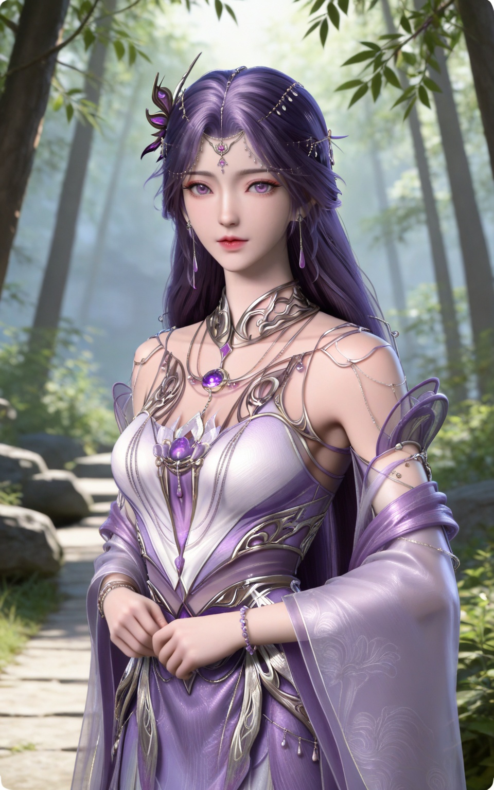 masterpiece,high quality,tall,game cg,highres,(soft light:1.2),(white_skin:0.6),(shiny_skin:0.6),(realistic:1.1),lvjing,<lora:云曦·新建模ILL:0.8>,purple hair,long hair,purple eyes,forehead_jewel,hair_ornament,earrings,necklace,gem,bare shoulders,detached_sleeves,long_sleeves,yunxi purple dress,1girl,solo,jewelry,bracelet,nature,looking_at_viewer,upper body,