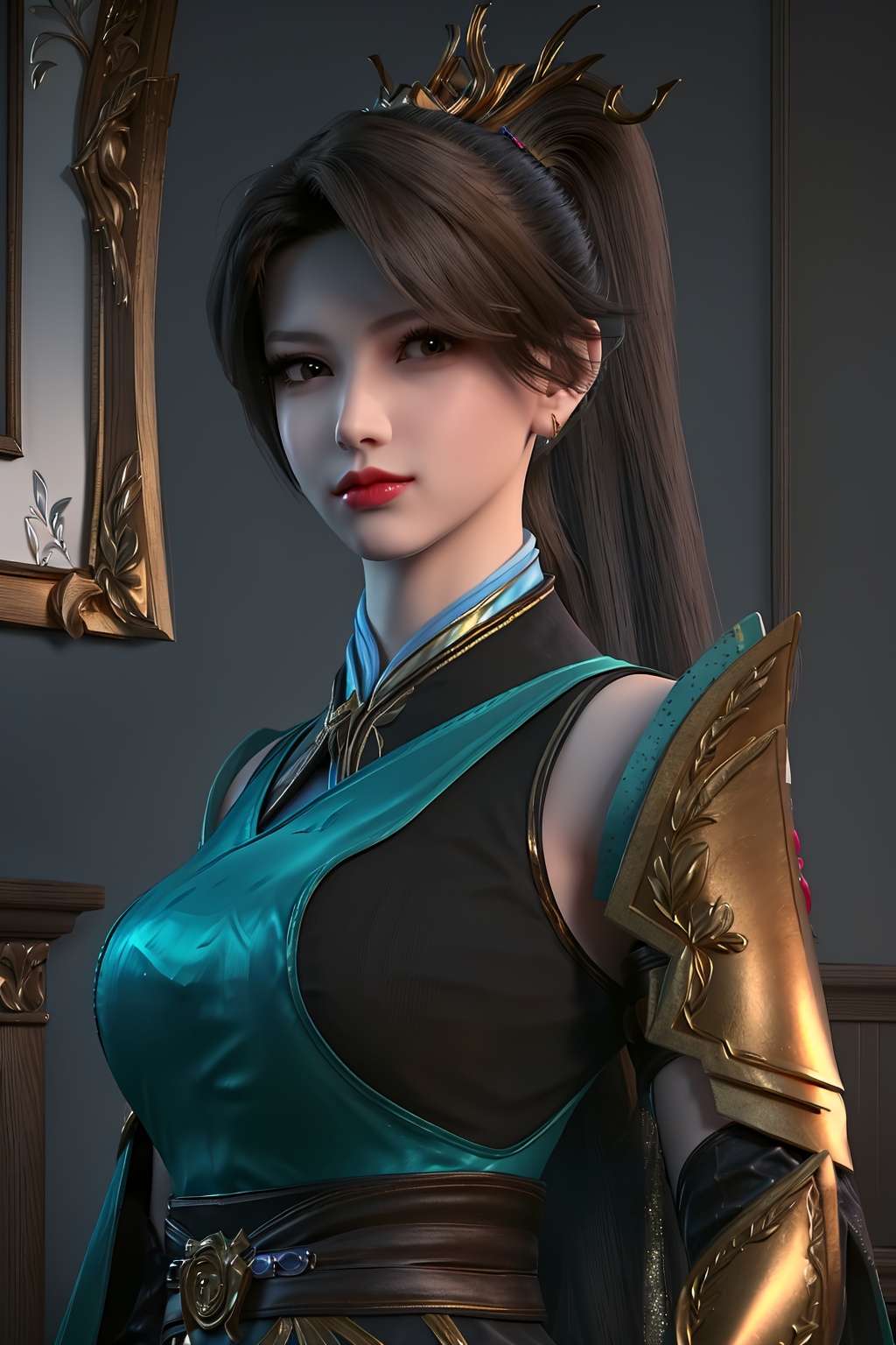 3D,masterpiece,(best quality),(makeup),official art, extremely detailed cg 8k wallpaper,((crystalstexture skin)), (extremely delicate and beautiful),(highly detailed),(face),(ponytail),(tiara),(gold_trim),(collar),(1girl), (solo), (jewelry), (earrings),(black_hair),(long_hair),(hair_ornament),(handwear),(wristband),(breast),(((upper_body)),(dress),(chinese_clothes),(multicolored_clothes),(multicolored_dress),(shiny_clothes),(arm_guards),(armored_dress),(capelet),(closed_mouth),(outroom,bed),((looking_at_viewer)),((Facing the camera)),, <lora:hipoly3DModelLora_v10:0.3> 